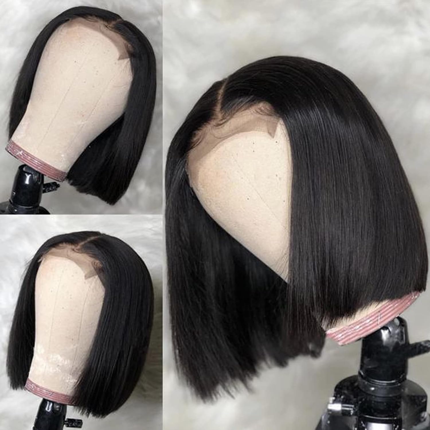 Corto Bob Peluca de cabello humano Cabello liso 4x4 Encaje Frontal peluca Brasileña Virgen Cabello humano Sin cola Pelucas para mujeres con cabello de bebé Color negro natural 10 pulgadas