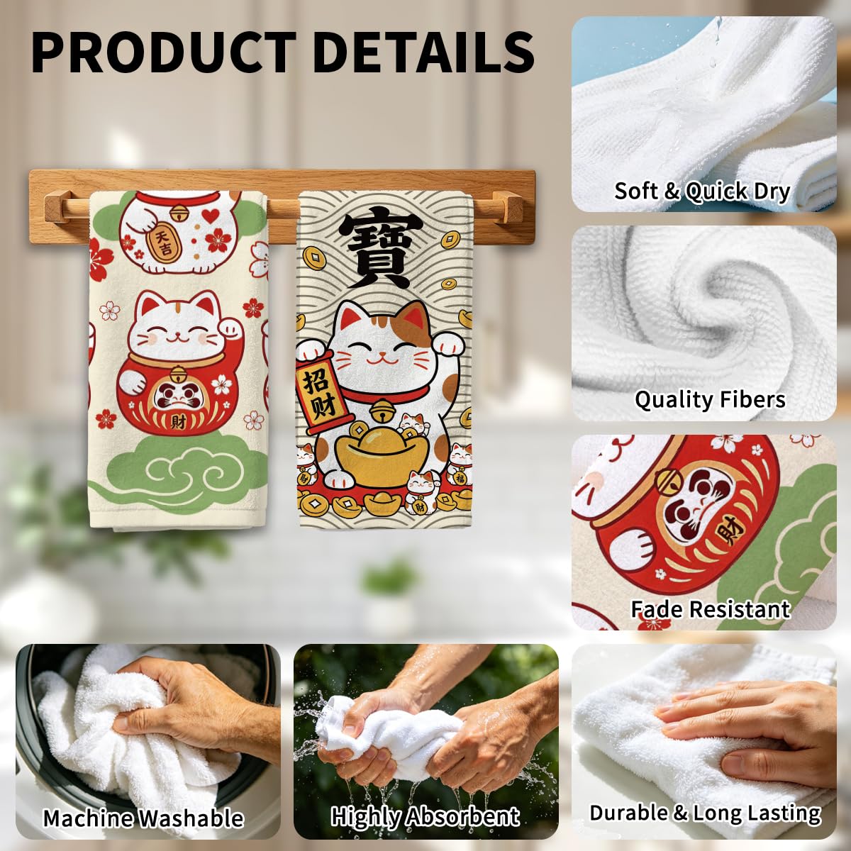MAYJOYDIY 4 Stück Glückskatze Küchenhandtücher Japanische Glückskatze Mikrofaser Geschirrtuch 66x45 cm Tier Fisch Saugfähiges Spültuch für Küche Badezimmer Bar Sport Einweihungsparty Kochen