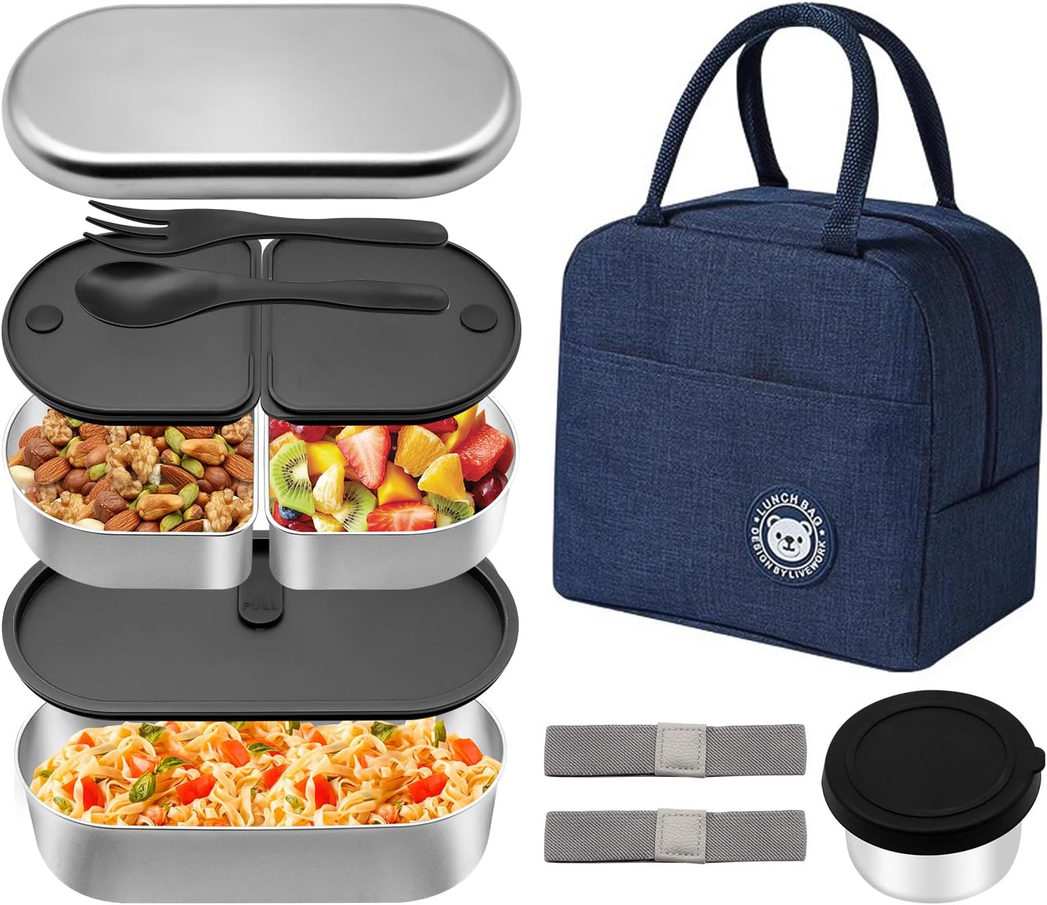 Stainless Steel Bento Box, Stackable & Leakproof Lunch Box, 3 Compartment Food Storage Containers，Microwave/Dishwasher Safe Bento Lunch Box for Work/Travel