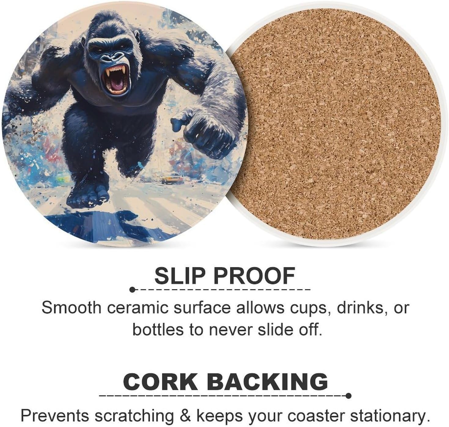 Angry Fighting Gorillas Round Ceramic Coasters Print Drinks Absorbent with Cork Base for Home Decor Gifts 4 Inch