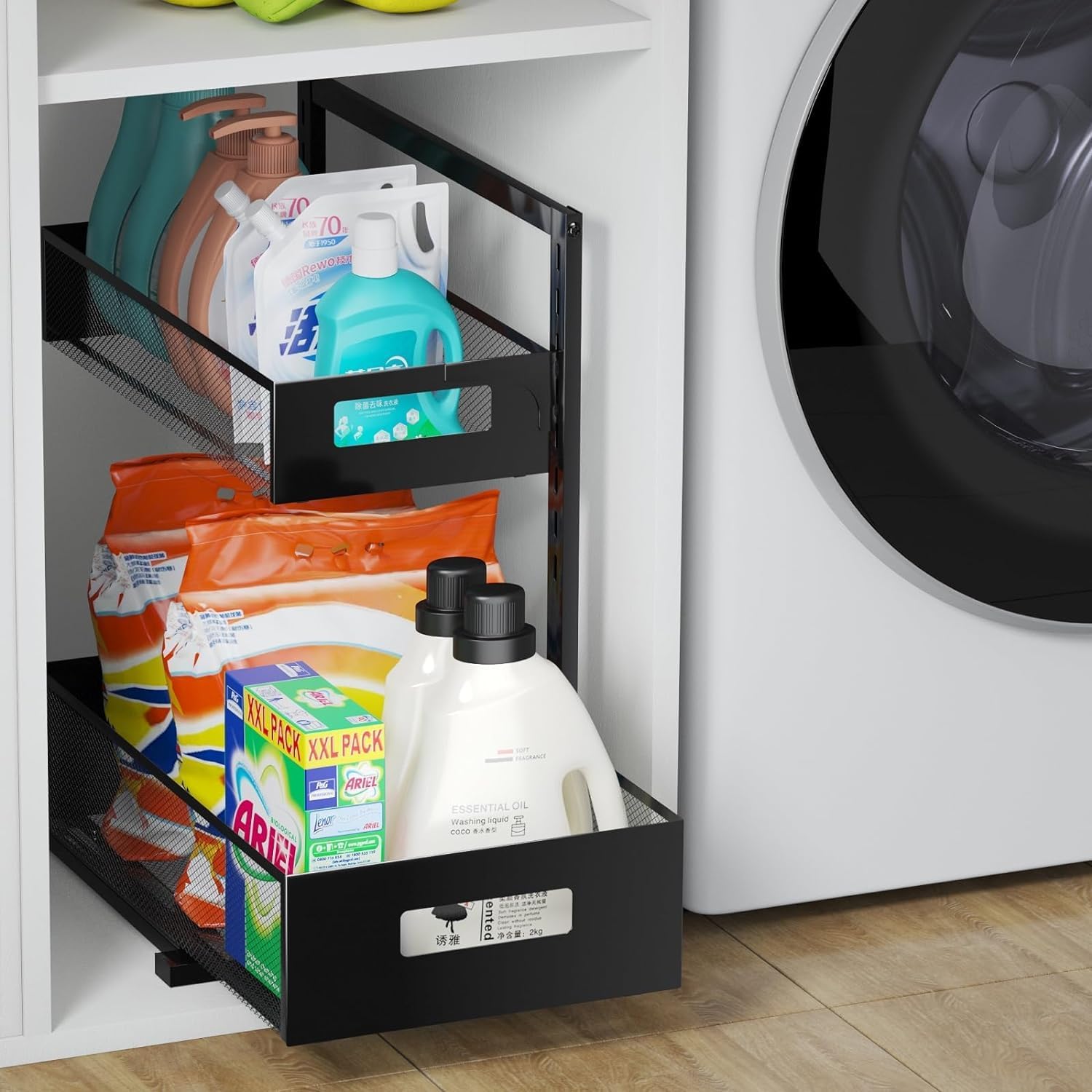 Organizador para debajo del fregadero, organizador de armario extraíble, altura ajustable, 2 niveles con cajones deslizantes, organizador de cocina y baño (1 unidad) 6