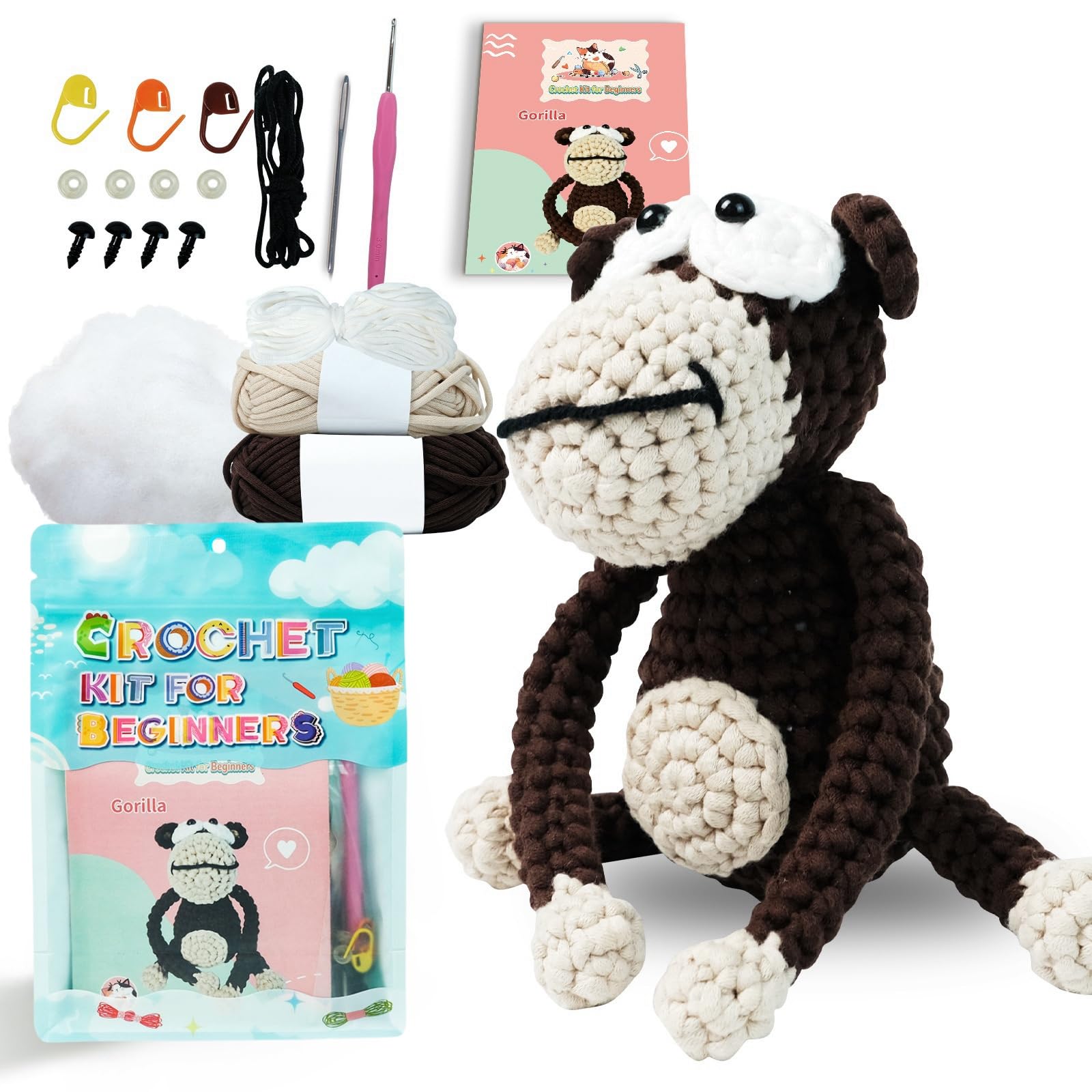 Swoolfe Crochet Kit for Beginners, Knitting Kit Step-by-Step Video Tutorials, Crochet Animal Kit, Crochet Kits for Beginners Adults Kids Women Men Beginners Crochet Kit (Gorilla)