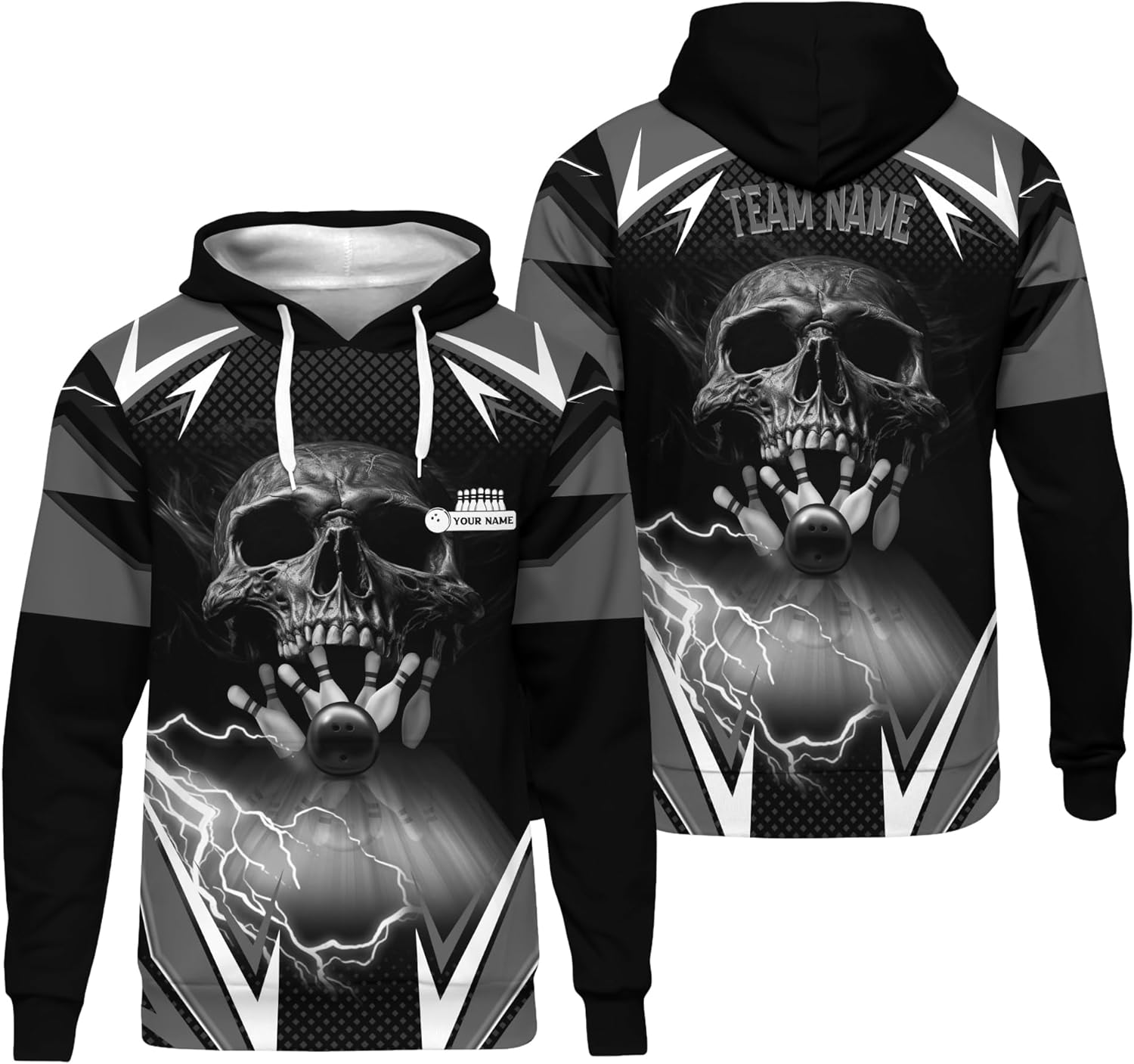 Mens Bowling Hoodie Personalized Lightning Strike Bowling Hooded Sweatshirt For Bowling Team Print Bowling Clothing