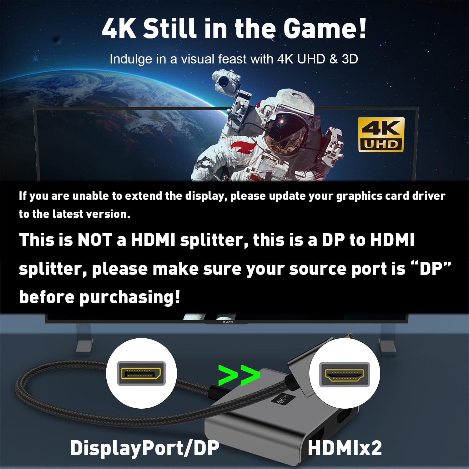 UANTIN Adattatore da DisplayPort a doppio HDMI, 4K 60Hz DP Source a HDMI, splitter esteso per doppio monitor, convertitore porta display per NVIDIA, scheda grafica AMD