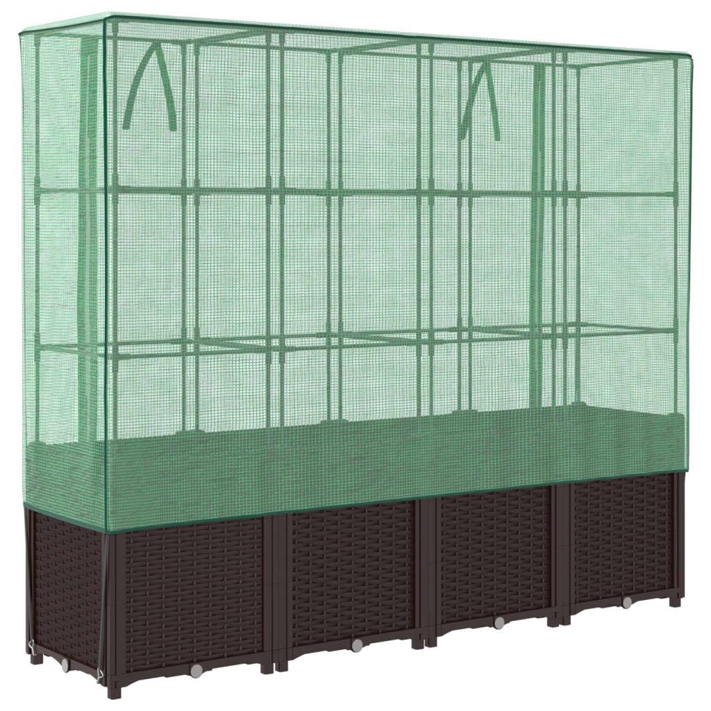 Jardinera con accesorio de invernadero en aspecto de ratán marrón, 160 x 40 x 153 cm, marco de tubo de hierro estable, cubierta de polietileno impermeable, ideal para jardín, balcón, jardinera y