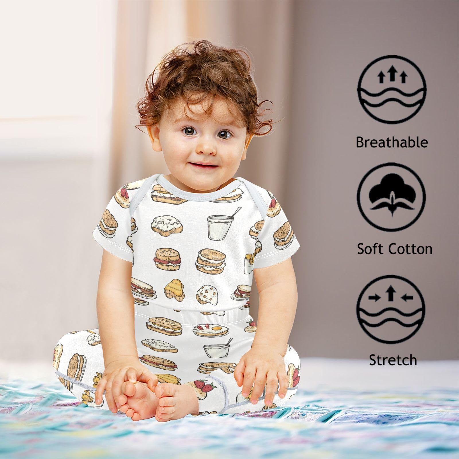 vvfelixl Sketchy Breakfast Baby Layette Sets,Baby Bodysuits Set Unisex Short Sleeve Babys Pants Sets 9-12M