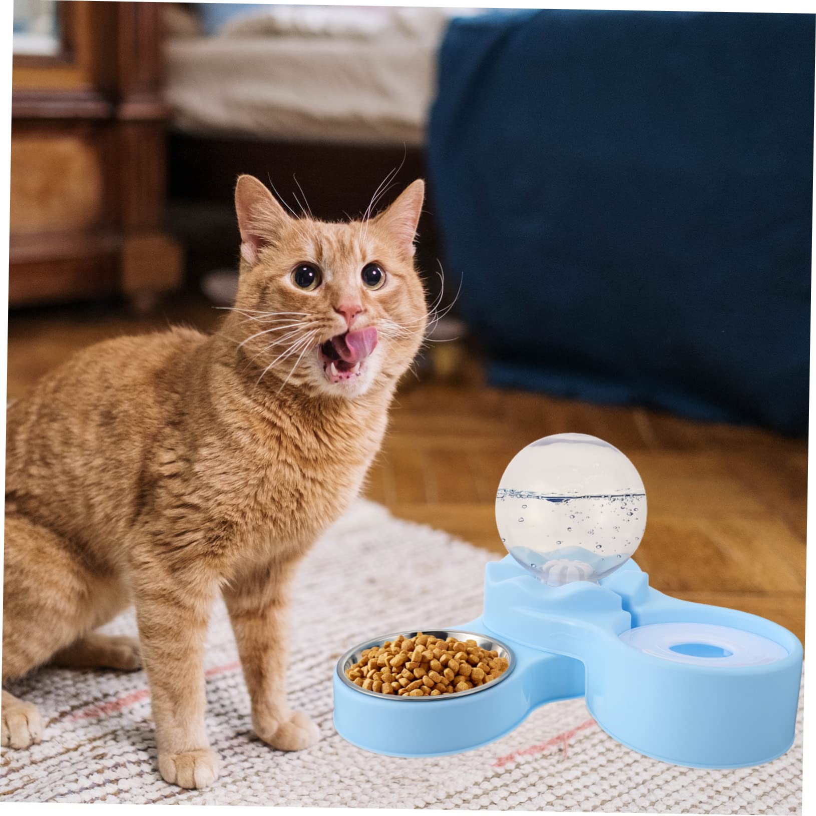 Distributeur D'eau pour Chat à Double Gamelle Bleu en P et Acier Inoxydable