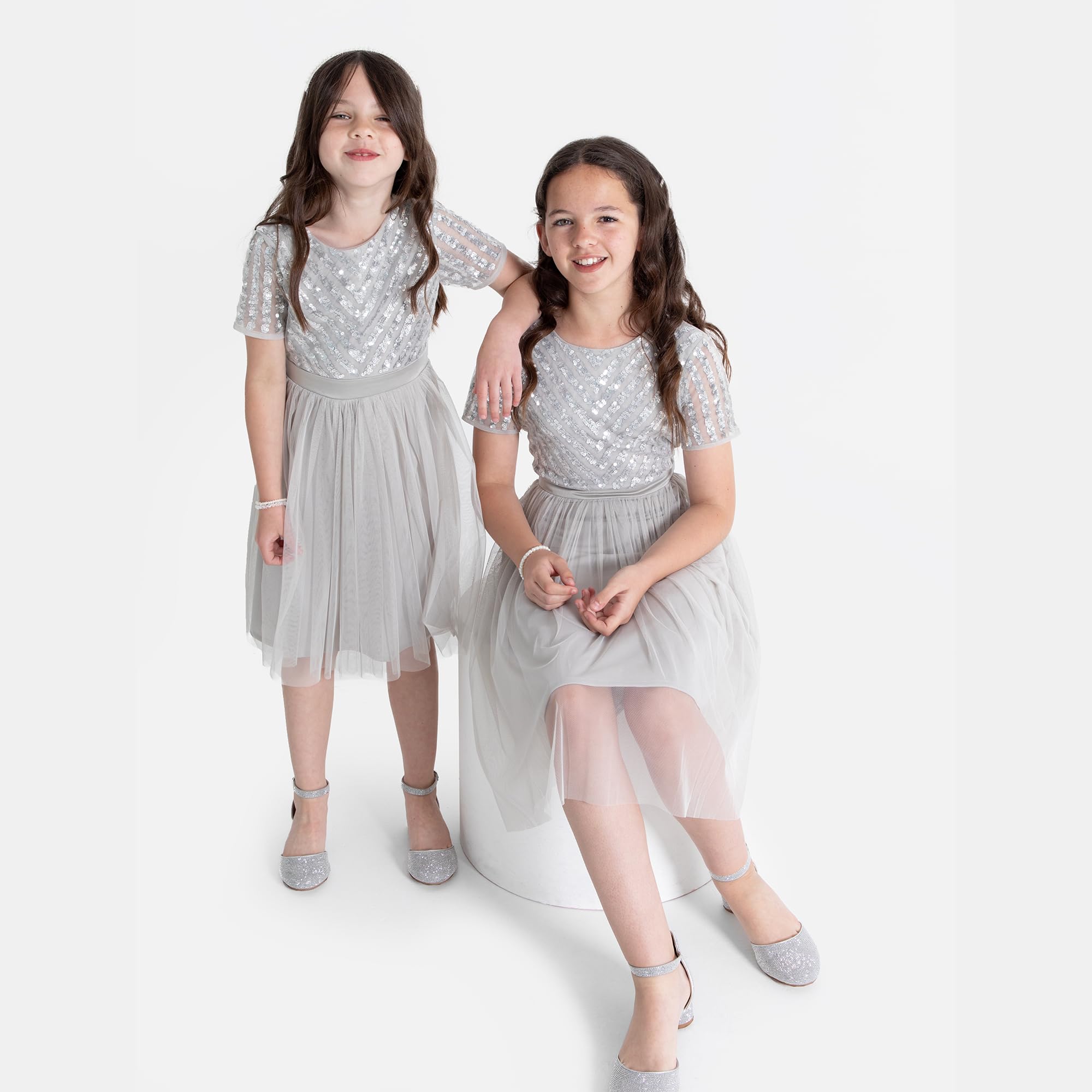Maya Deluxe Dziewczęca sukienka midi na ślub z cekinami, krótki rękaw, studniówka, przyjęcie urodzinowe, dla druhny, miękki szary, 7-8 lat, Delikatny szary, 7-8 lat