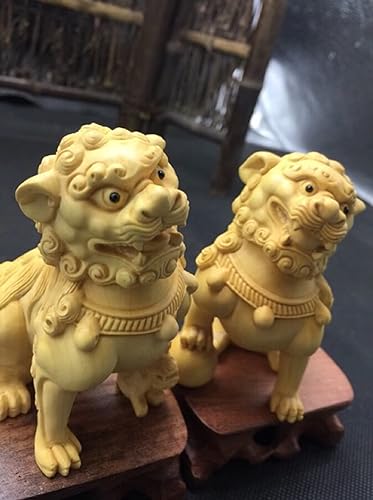 Miniatura 6 de xiledu Feng Shui - Par de estatuas de perros Fu Foo, adornos de estatua de Kylin de madera maciza, protección de energía malvada, estatua de