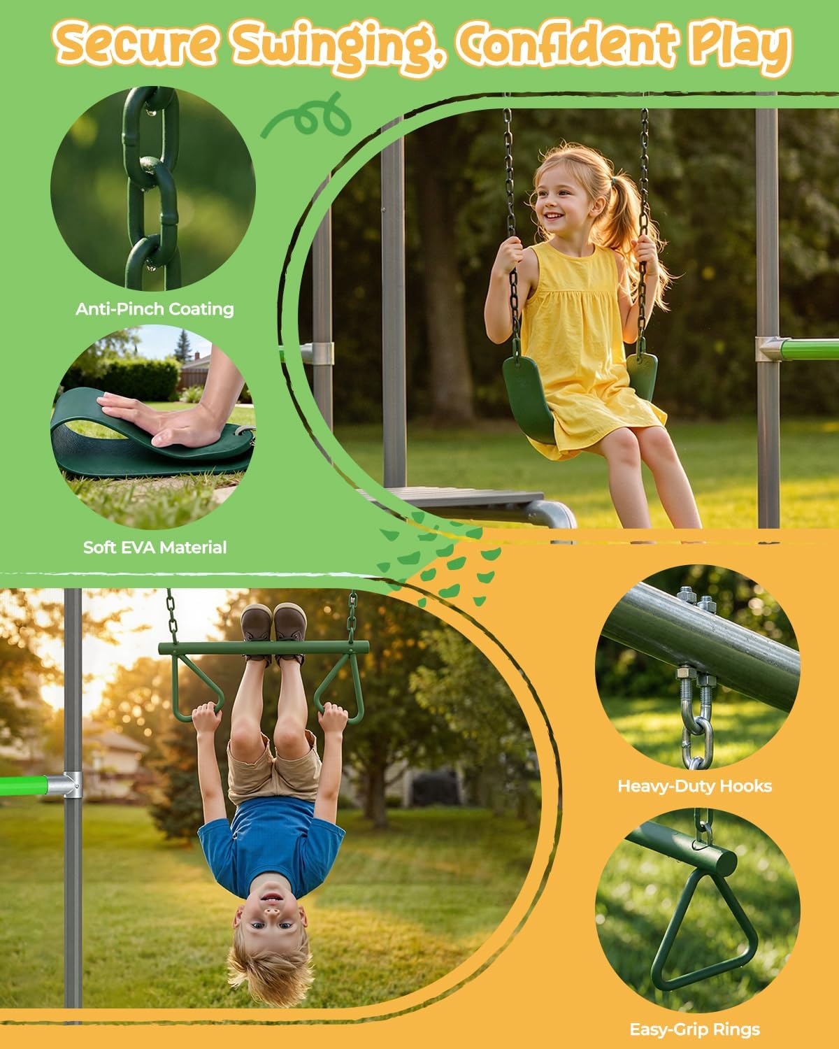 Outdoor Jungle Gym with Monkey Bars Frame, Climbing Set, Trapeze Swing Bar, Belt Swing, Kids Gymnastics Bars, Playground Set with Powder Coated Galvanized Steel for Backyard, Garden, Grass