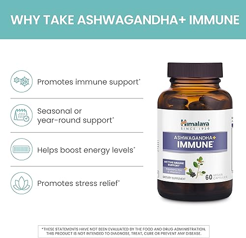 Miniatura 4 de Himalaya Ashwagandha+ Inmune con Ashwagandha, saúco, zinc y vitamina C para apoyo inmunológico activo, 60 cápsulas, suministro de 1 mes, vegano, sin