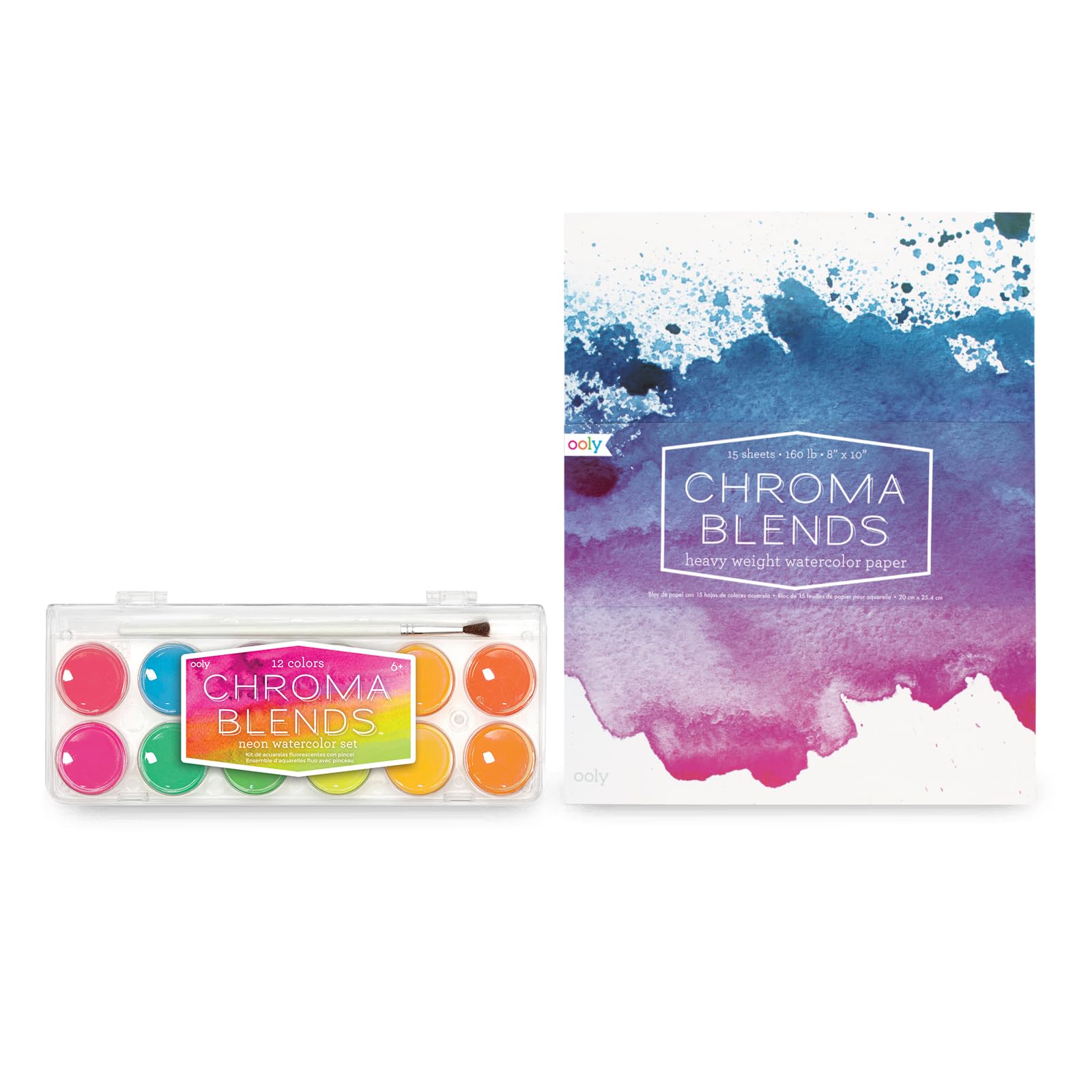 Ooly Chroma Blends Neon Watercolor Paint Set, Watercolor Pack, Bright Neon Colors in a Portable Case & Chroma Blends Heavy-Weight Watercolor Pad, 8 x 10 Inches - 15 Sheets