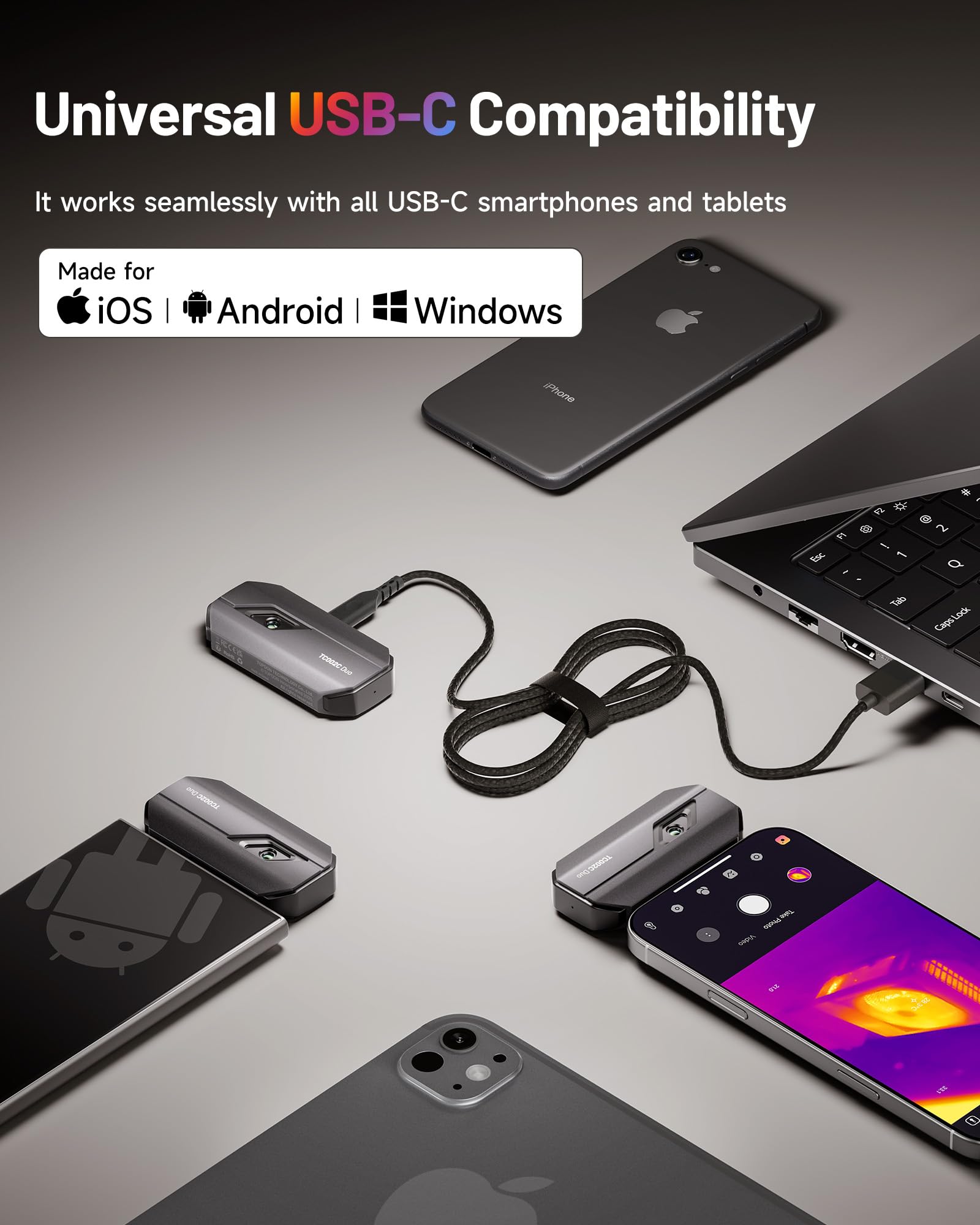 TOPDON Wärmebildkamera TC002C Duo für Android/iOS, 512 x 384 TISR hohe Auflösung, -20–550 °C, 25 Hz, für Smartphone/Tablet/PC, USB-C/Lightning, Infrarot kamera für Elektrik-, Leck- und HLK-Inspektion