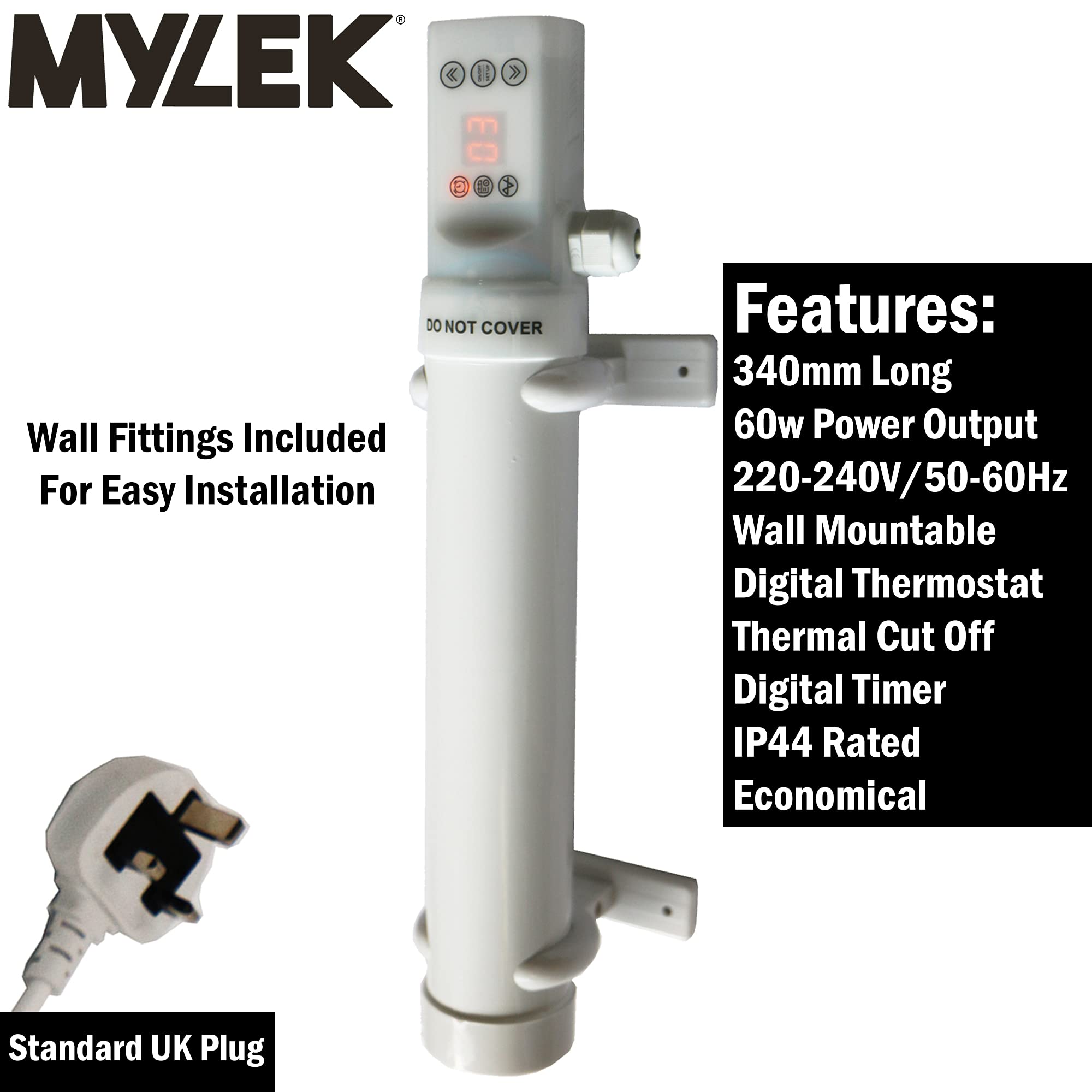 Mylek Chauffage tubulaire 60 W 340 mm minuterie numérique découpe thermique