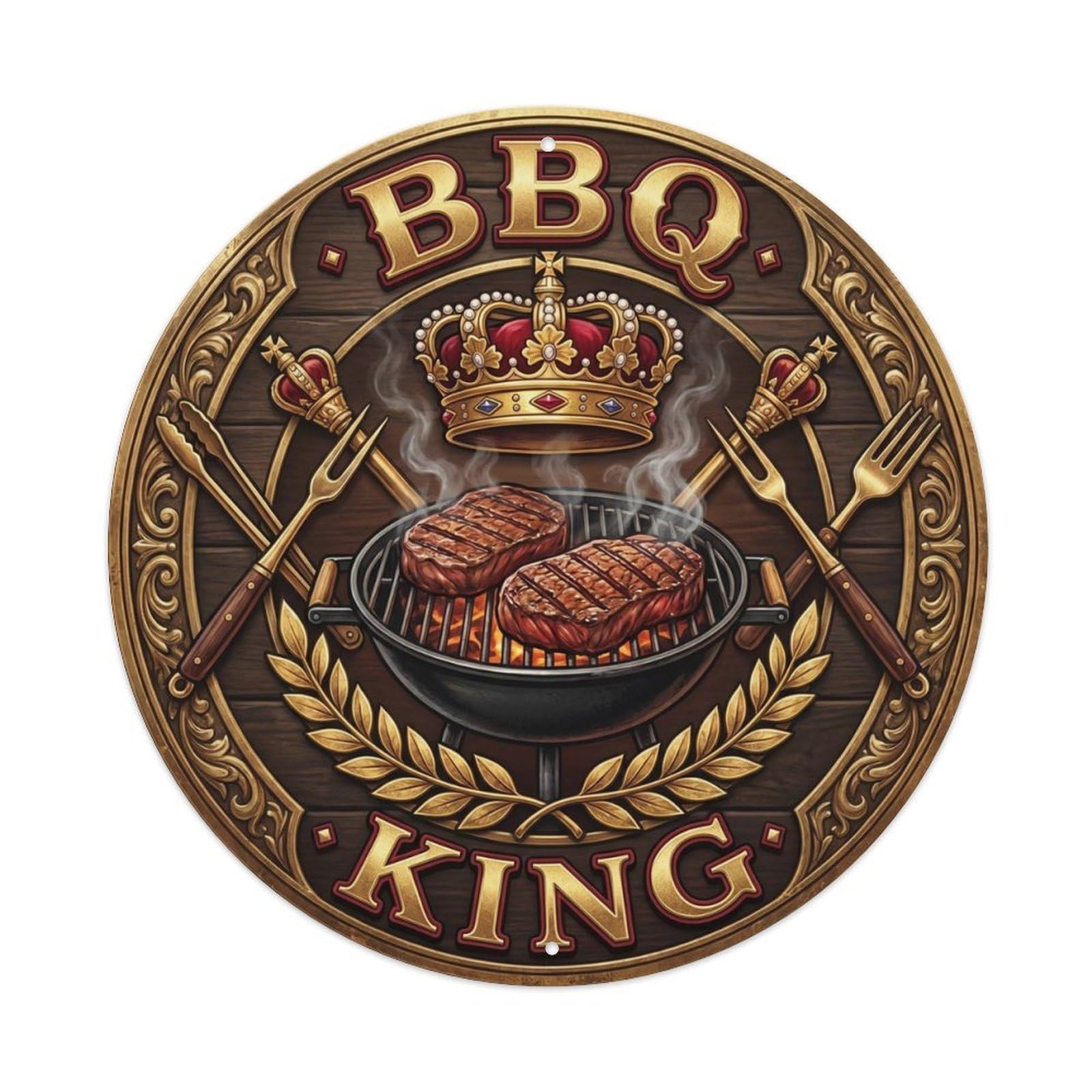 BBQ Barbecue King Grill Vintage Metal Tin Sign Plaque Wall Decor for Cafe, Club, Garden Round Metal Poster 8x8Inch