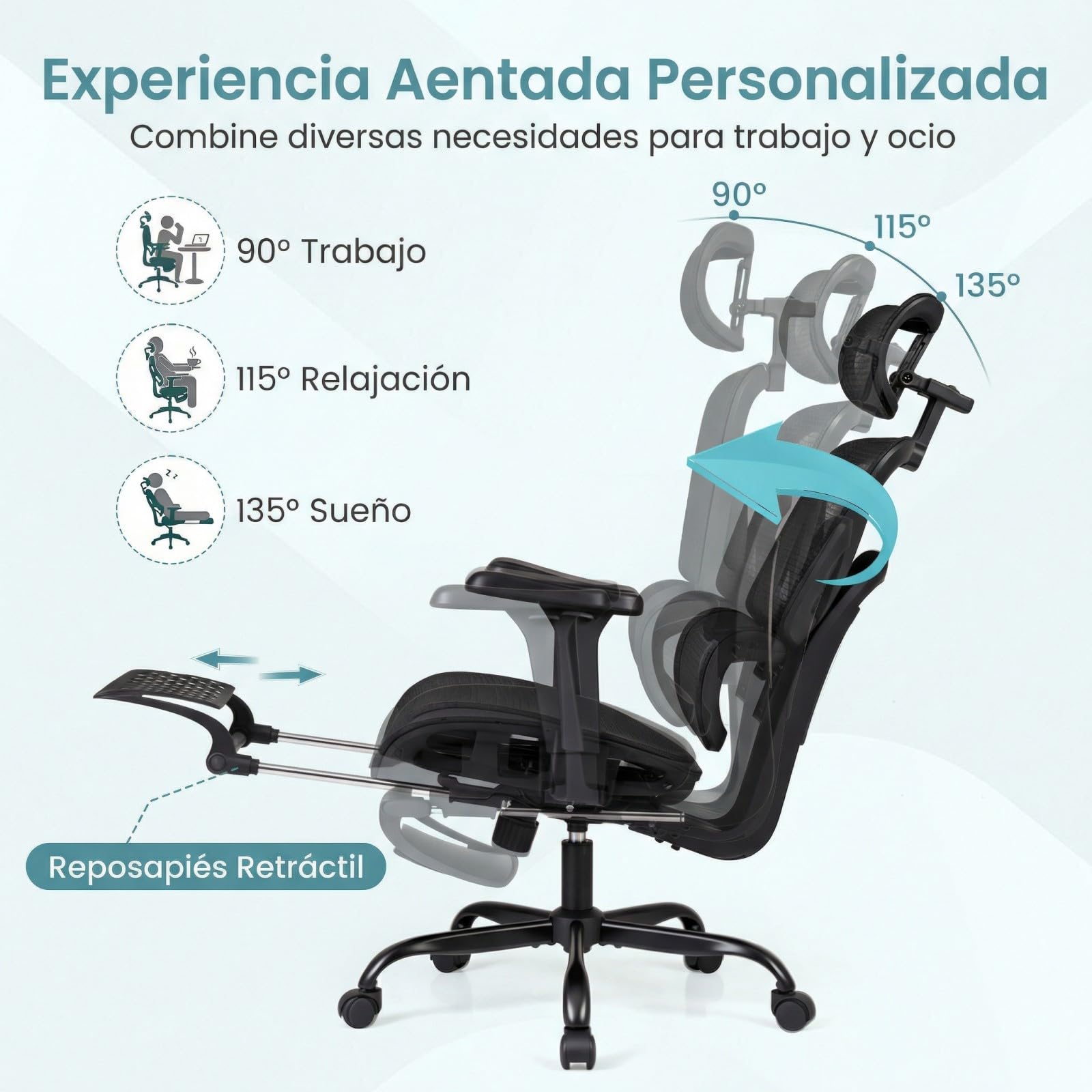 COSTWAY Silla Ergonomica Escritorio con Reposapiés, Silla de Oficina, Reposabrazos 3D, Soporte Lumbar Dinámico, Reposacabezas Ajustable, Cadeira Escritorio de Malla, Altura Ajustable