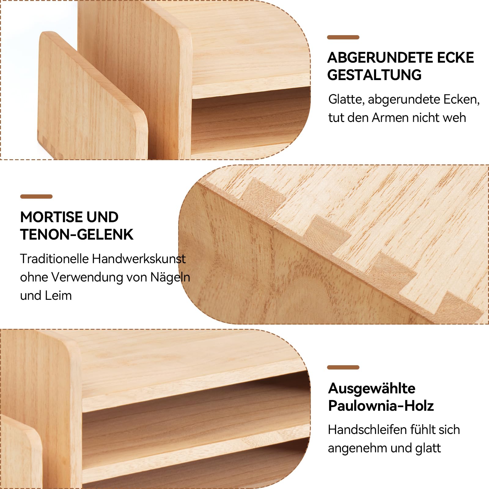 KIRIGEN Schreibtisch-Organizer, Dokumentenablage, Briefablage, Natur | 3 Ebenen, 5 Fächer; 42 × 24 × 16,5 cm; montiert; handgefertigt; Paulownia-Massivholz; Zapfenbauweise; Pflanzenöl-Finish