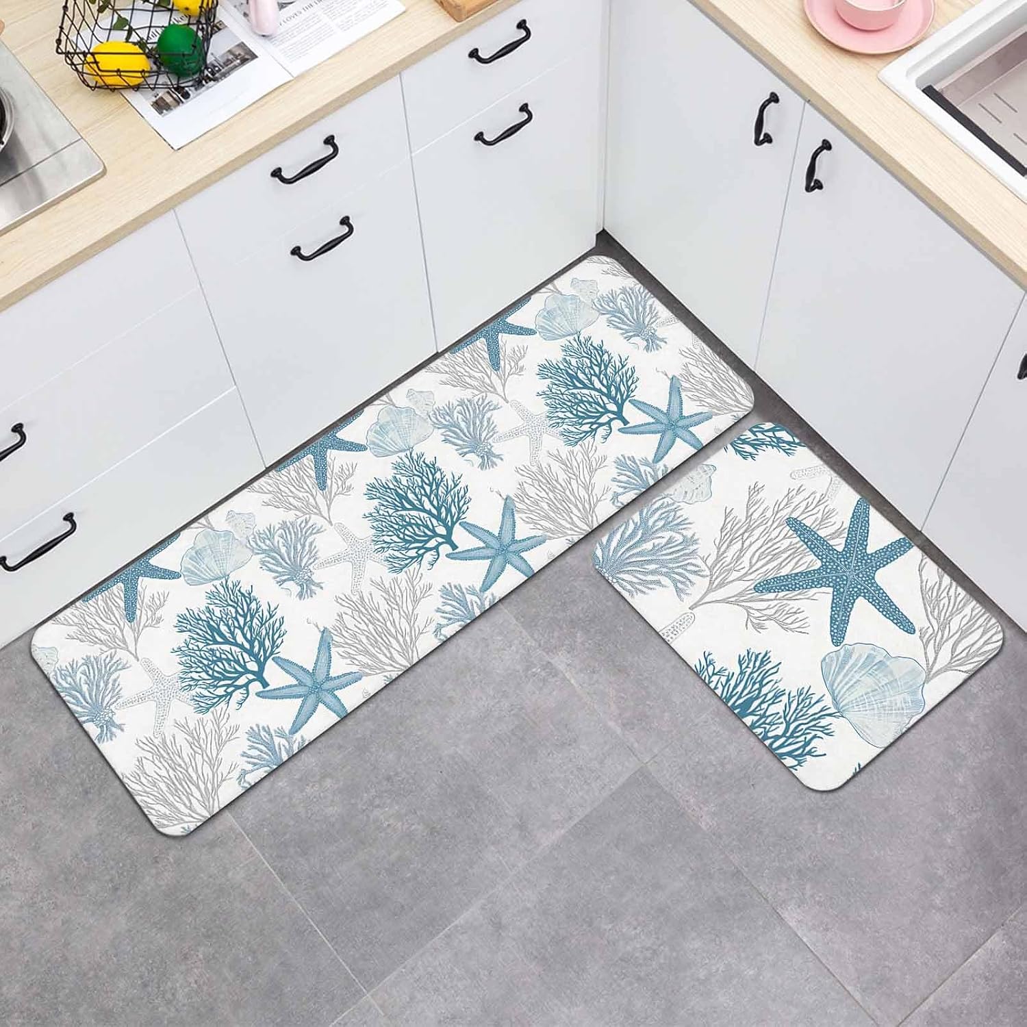 Prime Leader Summer Ocean Kitchen Mat Set 2 Pieces Starfish Seashell Coral Marine Life Coastal Non Slip Kitchen Rugs Washable Runner Rug Mats for Sink Laundry (15.7" x 23.6"+15.7" x 47.2")
