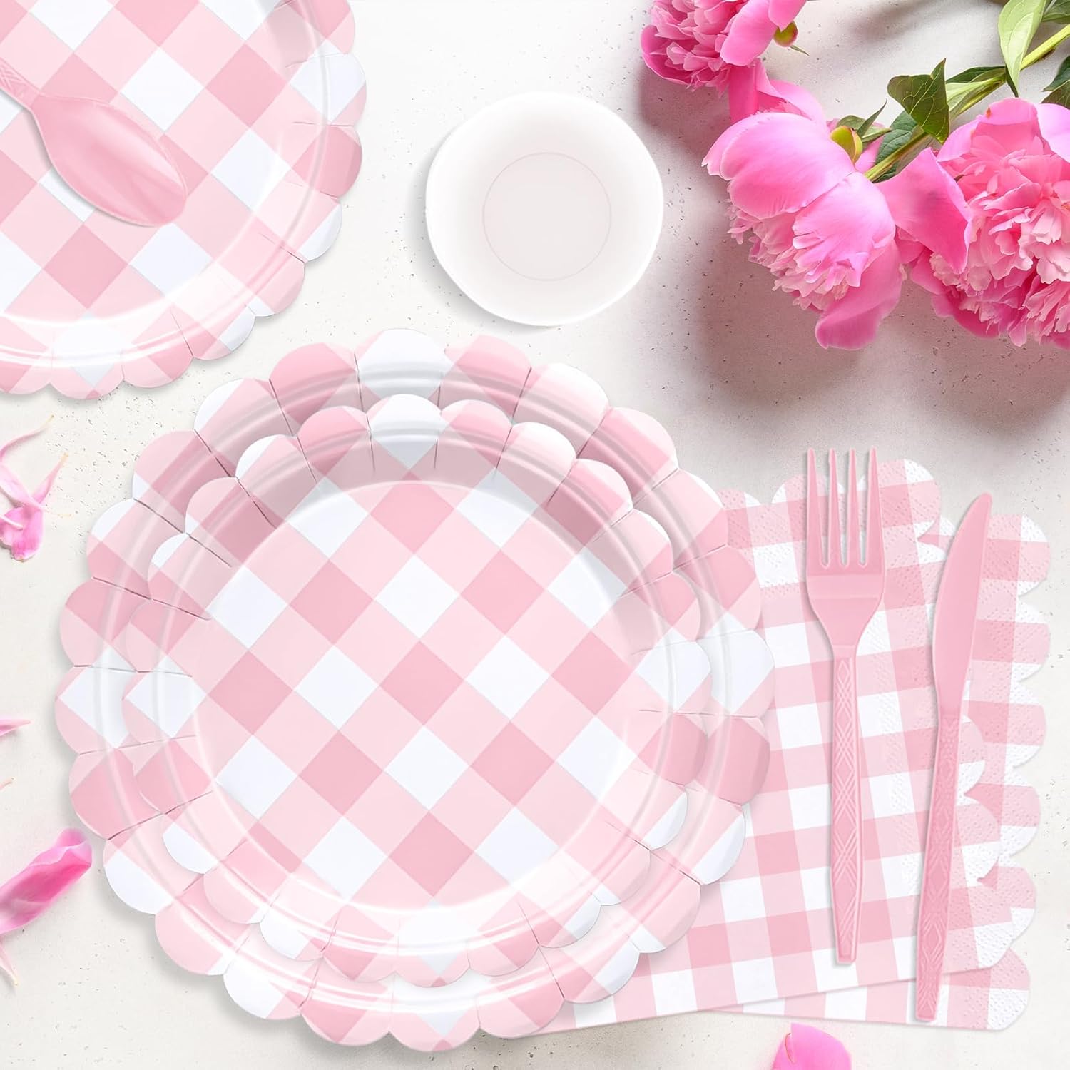 QISOLIY 350Pcs Pink Gingham Party Supplies Gingham Plates and Napkins, Pink Checkered Disposable Plates Set for Dinner Birthday Baby Shower Wedding Picnic Supplies Serve 50 Guest