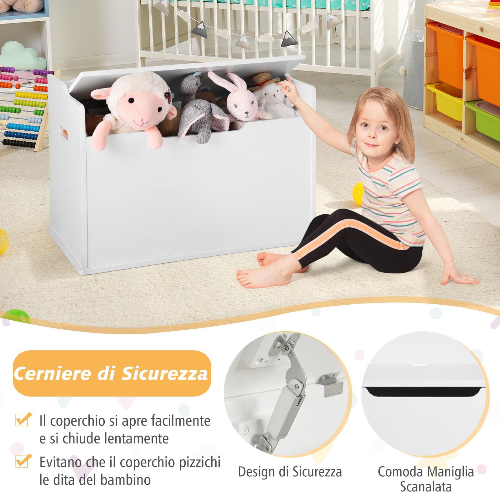 GYMAX Scatola Porta Giochi in Legno, Contenitore per Giocattoli con Coperchio Sollevabile, Panchina con Cuscino, Grande Capacità, Maniglie Incorporate, 74 x 39 x 52 cm (Bianco)