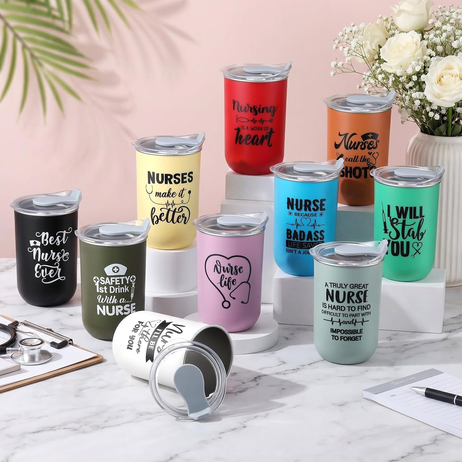 LemonRoad 10 Pcs Nurse Week Gifts Bulk Coffee Mugs 10 oz Thank You Cups with Lids Stainless Steel Tumblers for Nurses Appreciation Women Men Present (Morandi Colors,Best Nurse Ever)