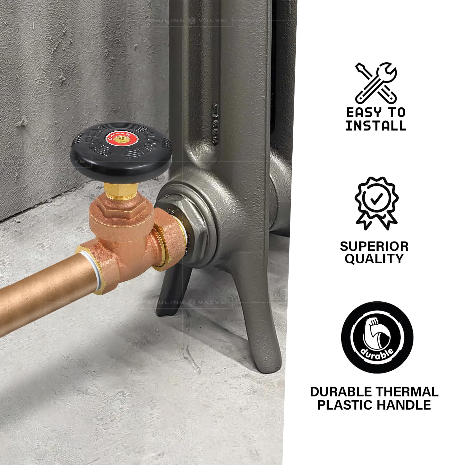 Midline Valve Válvula de puerta de radiador de vapor 6I33; control de temperatura de ventilación de aire; 1 pulgada FIP x unión macho; latón