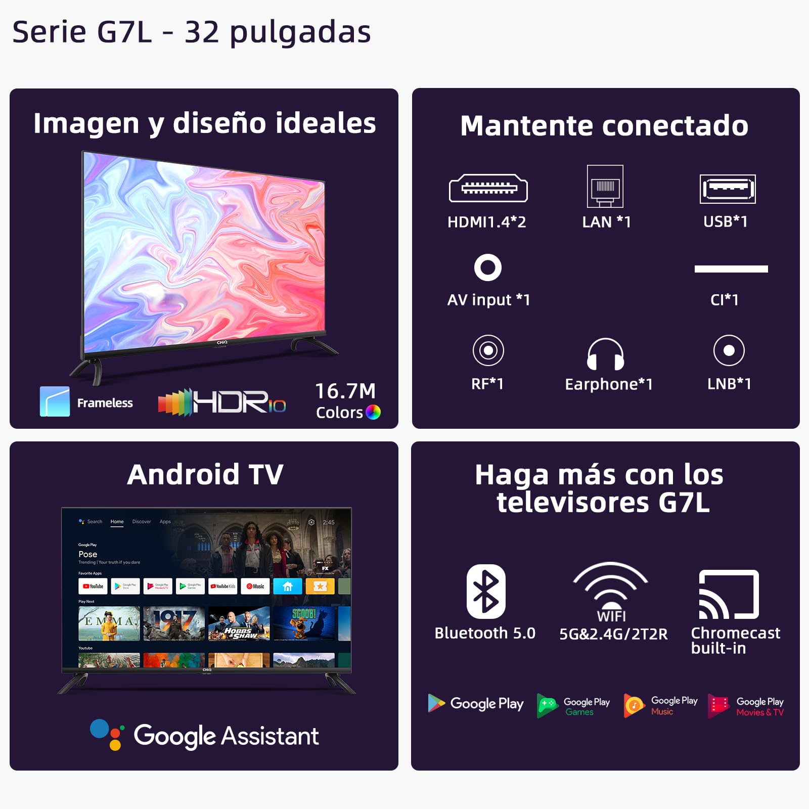 CHiQ L32G7L, Smart TV 32" (80cm), TV con Android 11, Frameless TV, Netflix, Prime Video, Youtube, HDR10, 2.4/5G Wi-Fi, Bluetooth5.0, Chromecast, Google Assistant, DVB-T/T2/S2