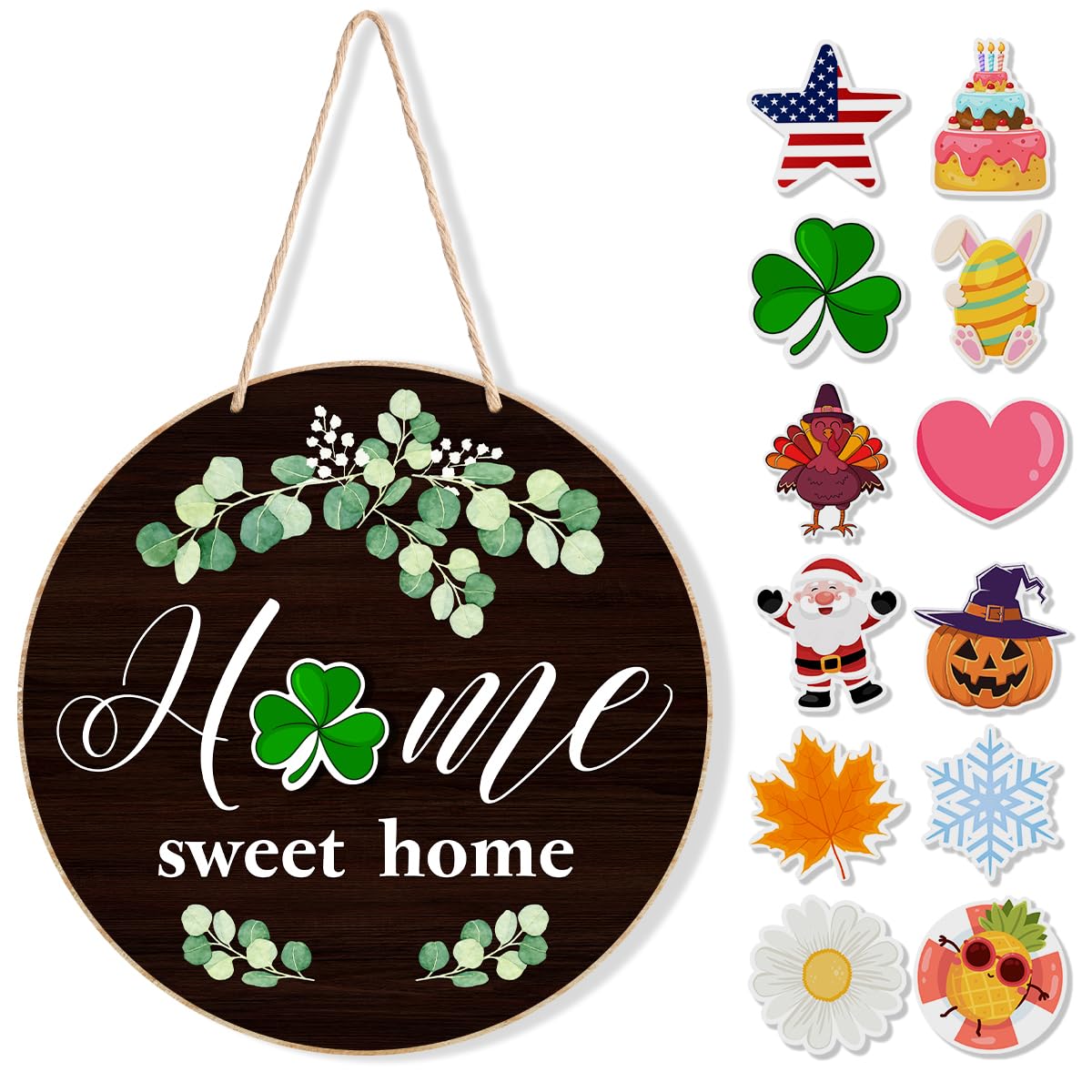 Interchangeable Welcome Sign Valentine's Day Front Porch Decor, Rustic Round Wood Wreaths Wall Hanging Door Decoration, Home Sweet Home Sign for Spring Summer Fall Winter All Seasons Holiday