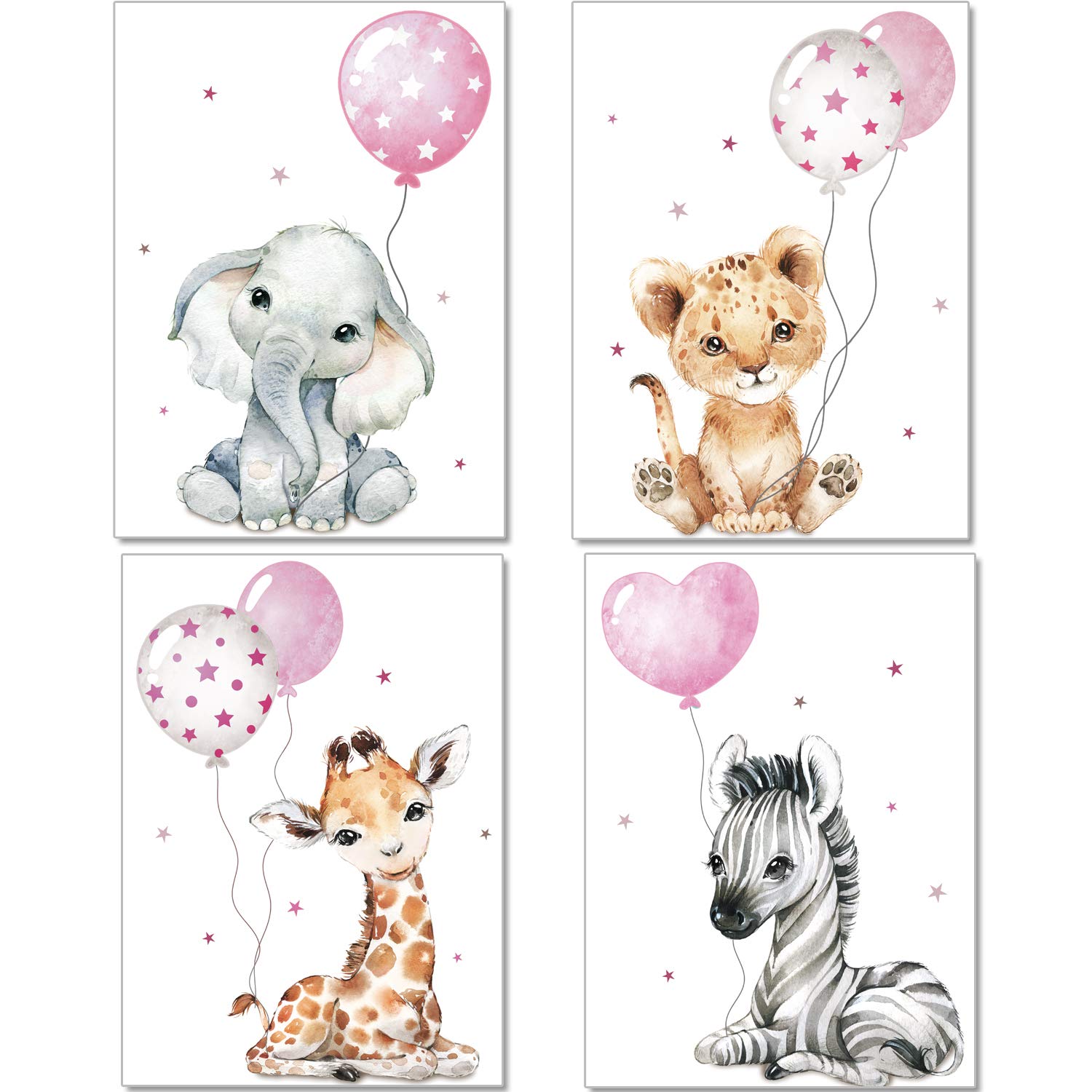Artpin® P64 Posters décoratifs pour chambre d'enfant (fille) - Motif Animaux de la jungle + Ballon gonflable - Gris/Rose