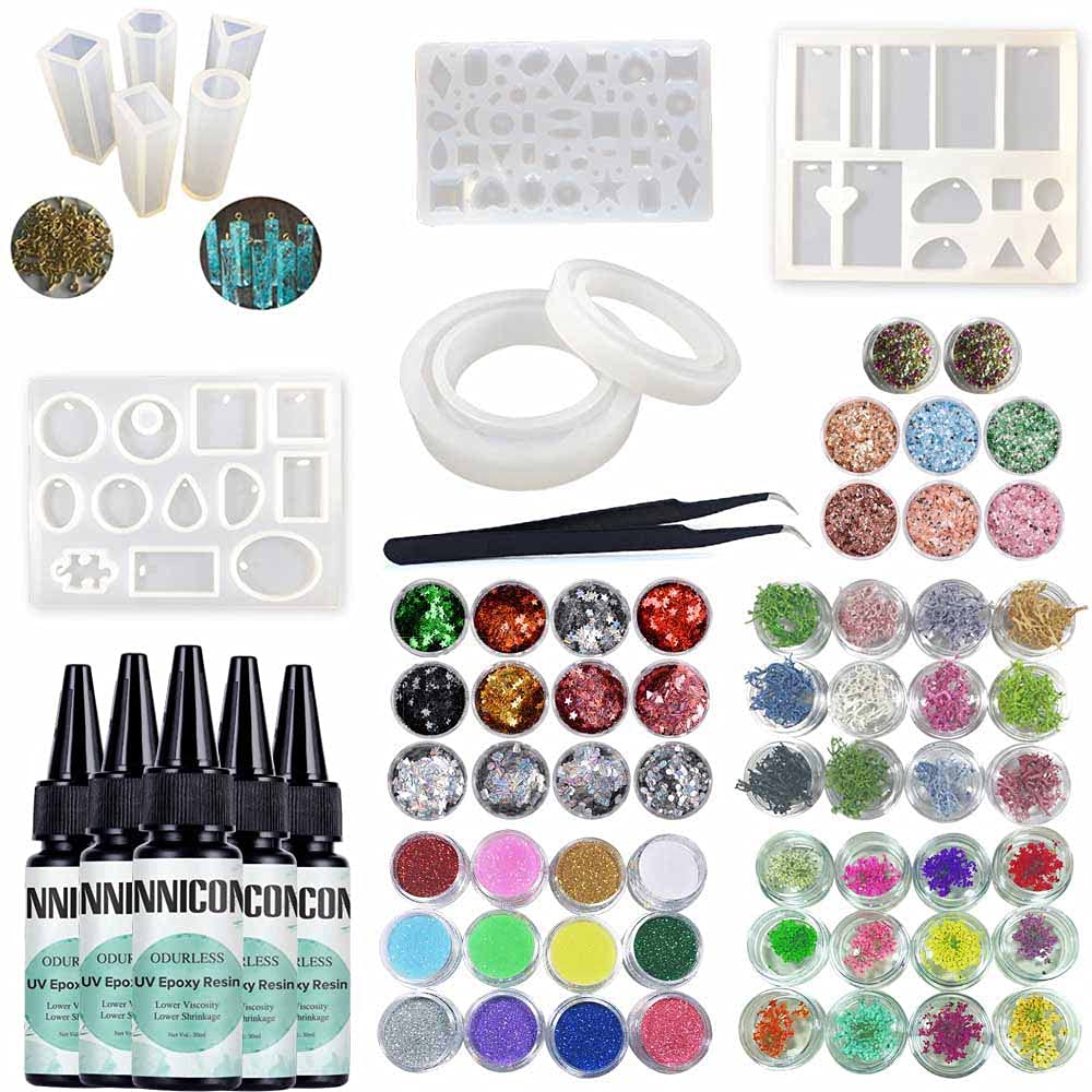 Kit di 5 x 30 ml in resina epossidica trasparente, 10 stampi in silicone con 56 brillantini, set di decorazioni per ciondoli, collane, orecchini, bracciali, ciondoli e collane