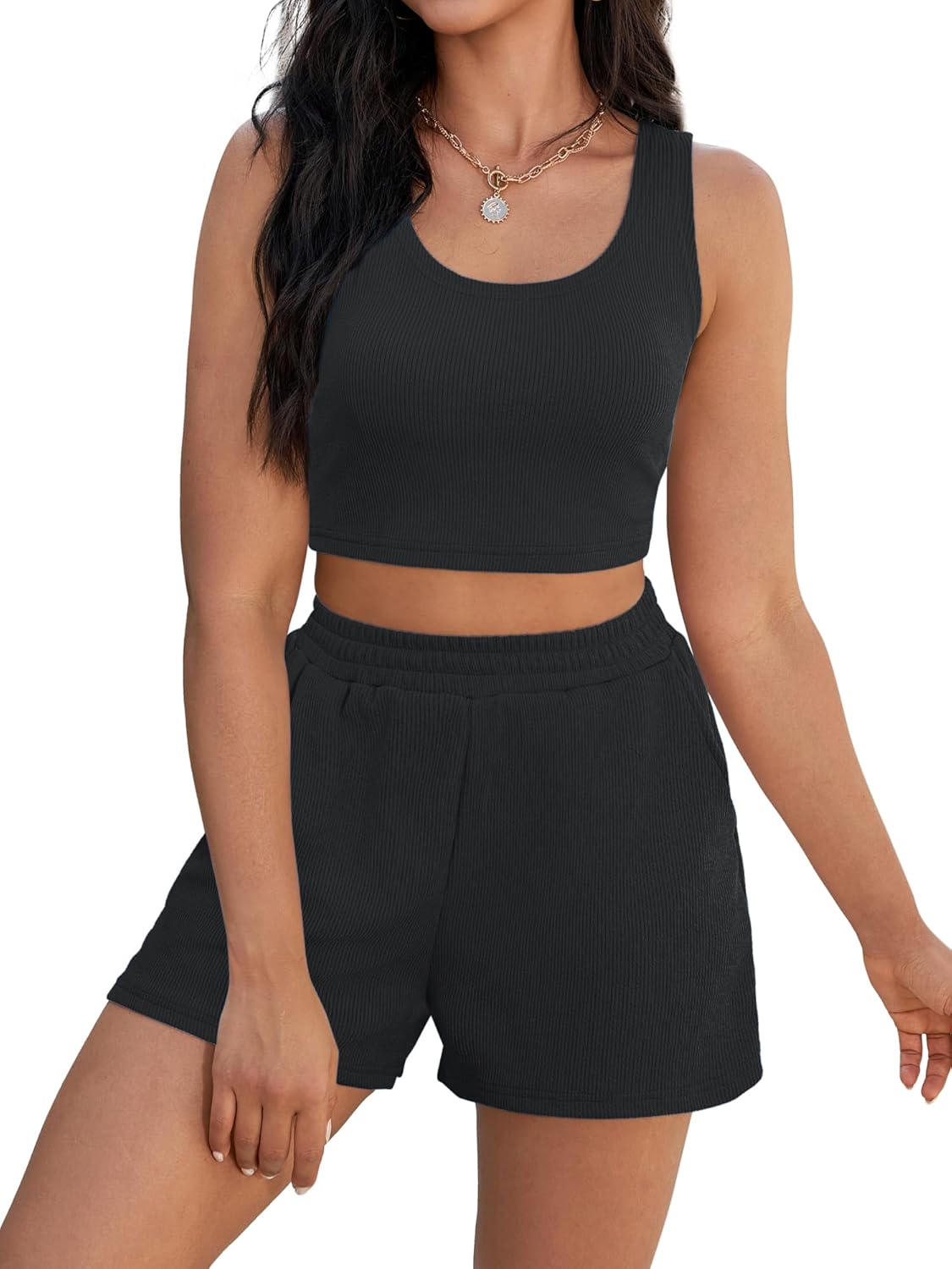 ONFERS Short Sets for Women Summer Lounge Set Ribbed Knit Crop Tank Tops Shorts Sets with Pocket Vacation Outfits