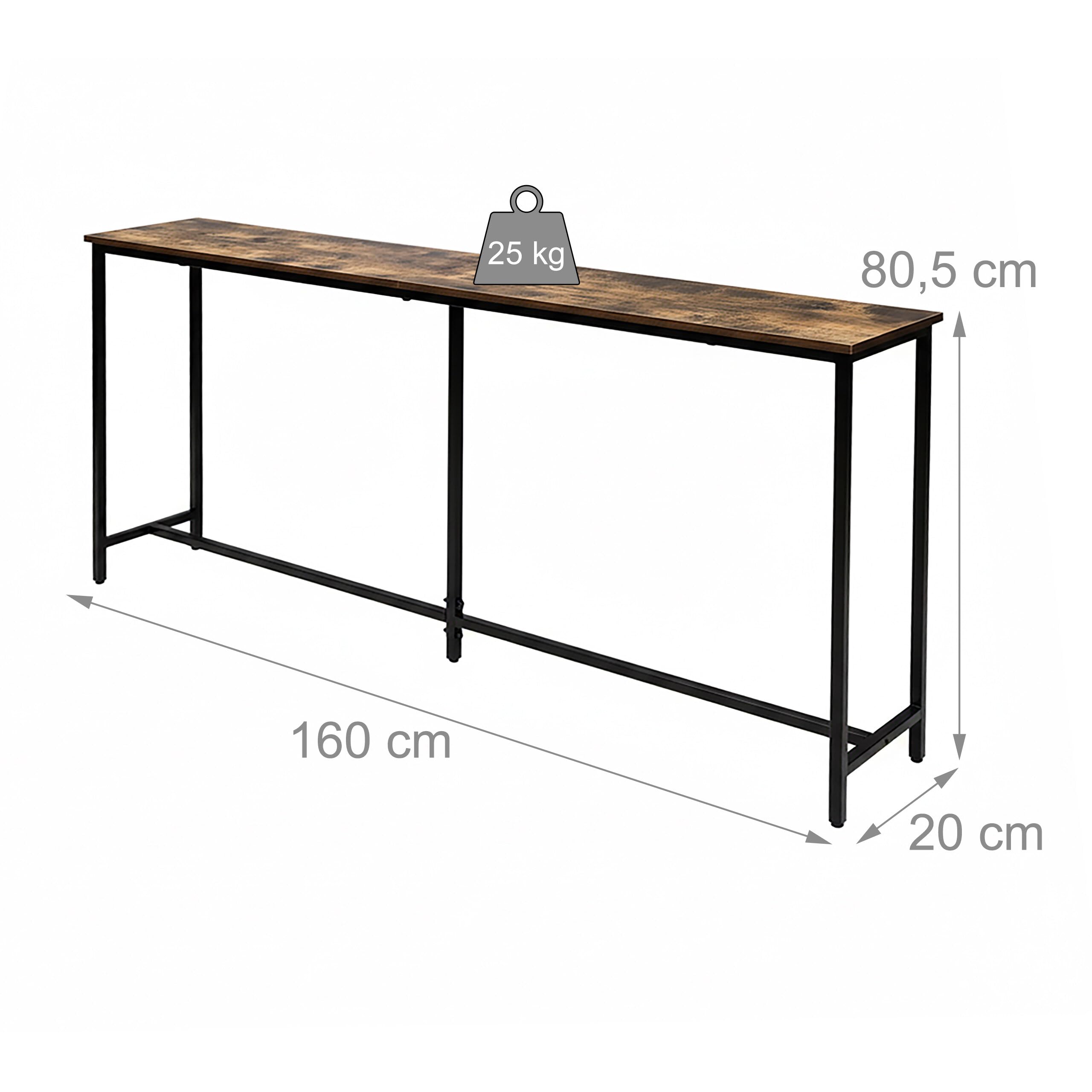 Relaxdays Stolik konsolowy, wys. x szer. x gł.: 80,5 x 160 x 20 cm, przemysłowy stół do przechowywania, korytarz i salon, metal i MDF, brązowy/czarny