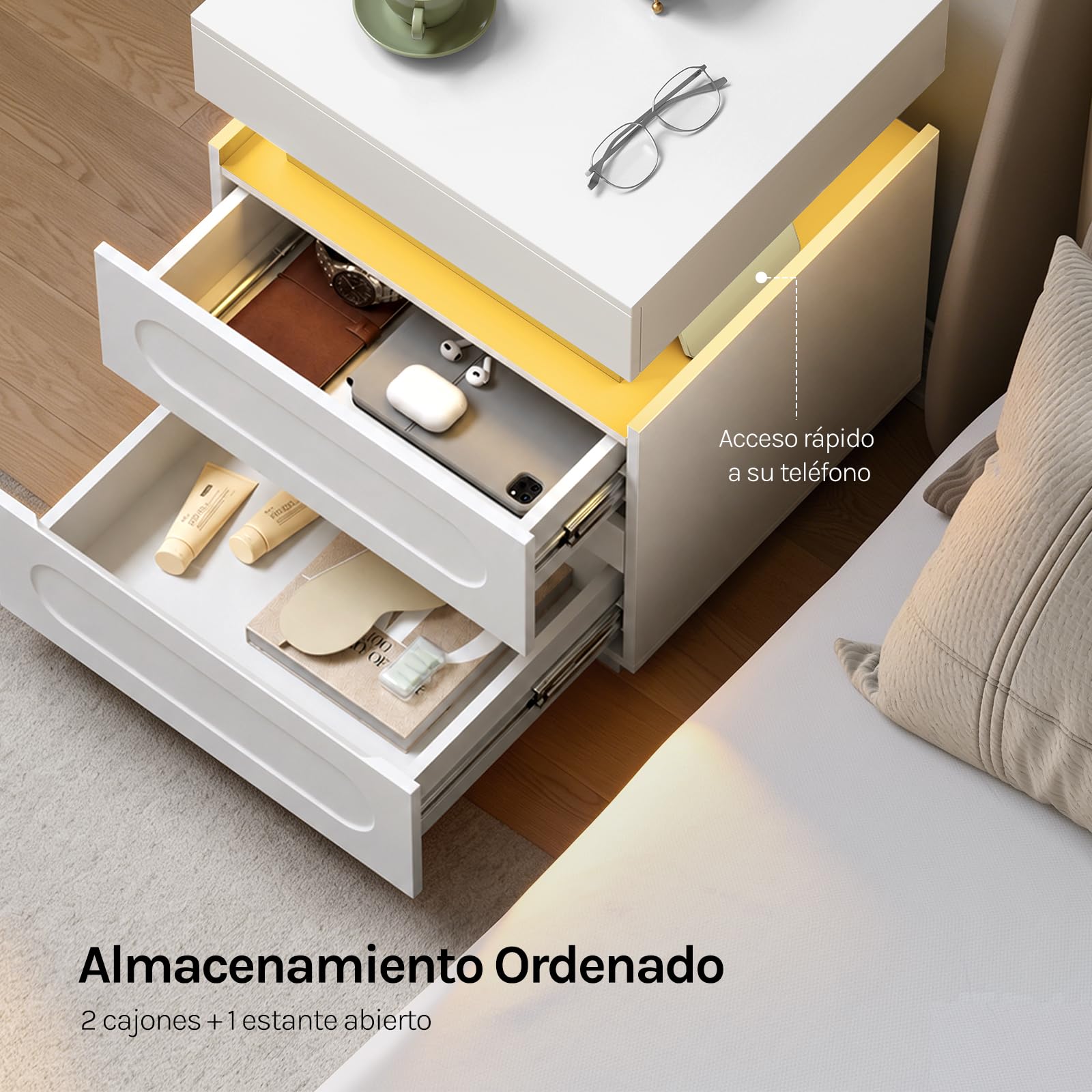 WOLTU Mesita de Noche con Luces LED y Estación de Carga, Mesilla Noche de 2 Cajones y 1 Espacio Oculto con Cerradura, Ajuste por Bluetooth/Control Remoto, 45x40x58 cm, Blanco