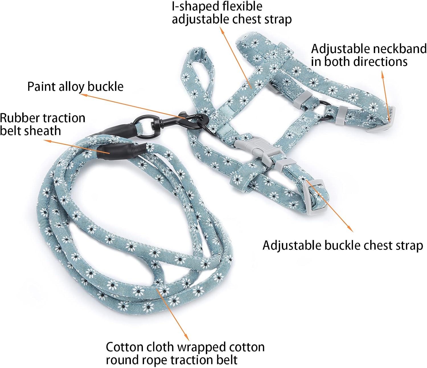 Cat Harness and Leash Escape Proof for Small Large Cats, Japanese Style Cat Adjustable Harness Leash Set Chest Back Traction Cat Walking Rope for Walking(S-Light Green florets)