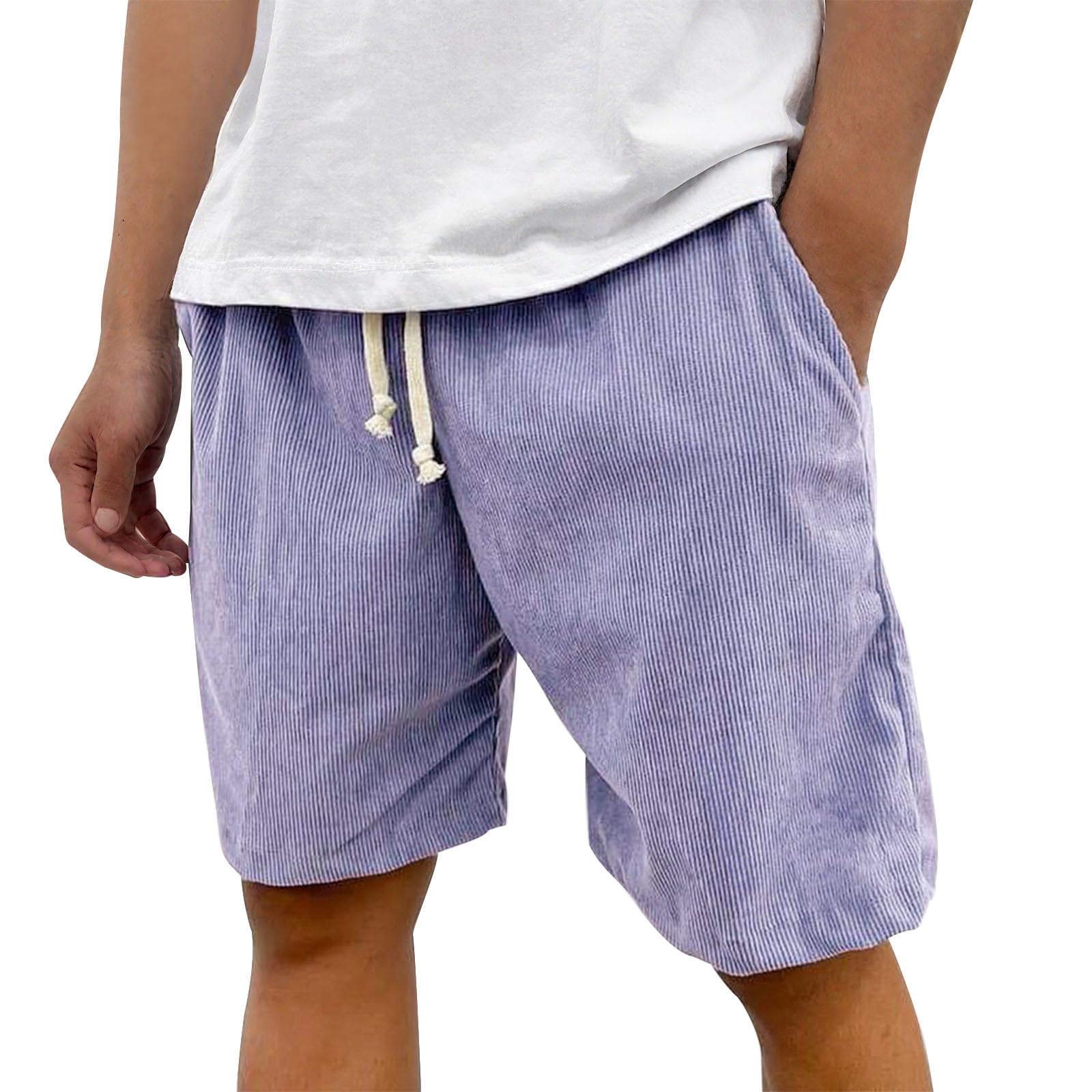 Men's Vintage Corduroy Shorts Fashion Elastic Drawstring Waist Short Pants Plus Size Solid Color Shorts with Pockets