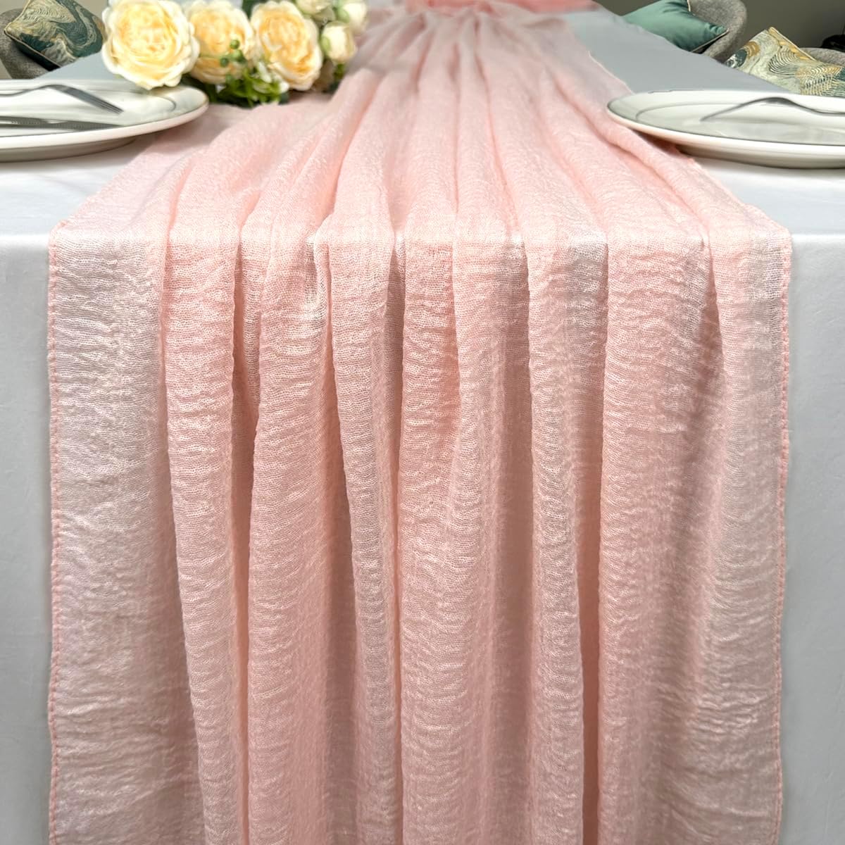 Booque Valley Pink Table Runner 10ft Boho Cheesecloth Super Soft Seersucker Gauze for Wedding Bridal Shower Baby Shower Birthday Party Decoration Centerpiece Table Decor, 6 Pack, Blush Pink