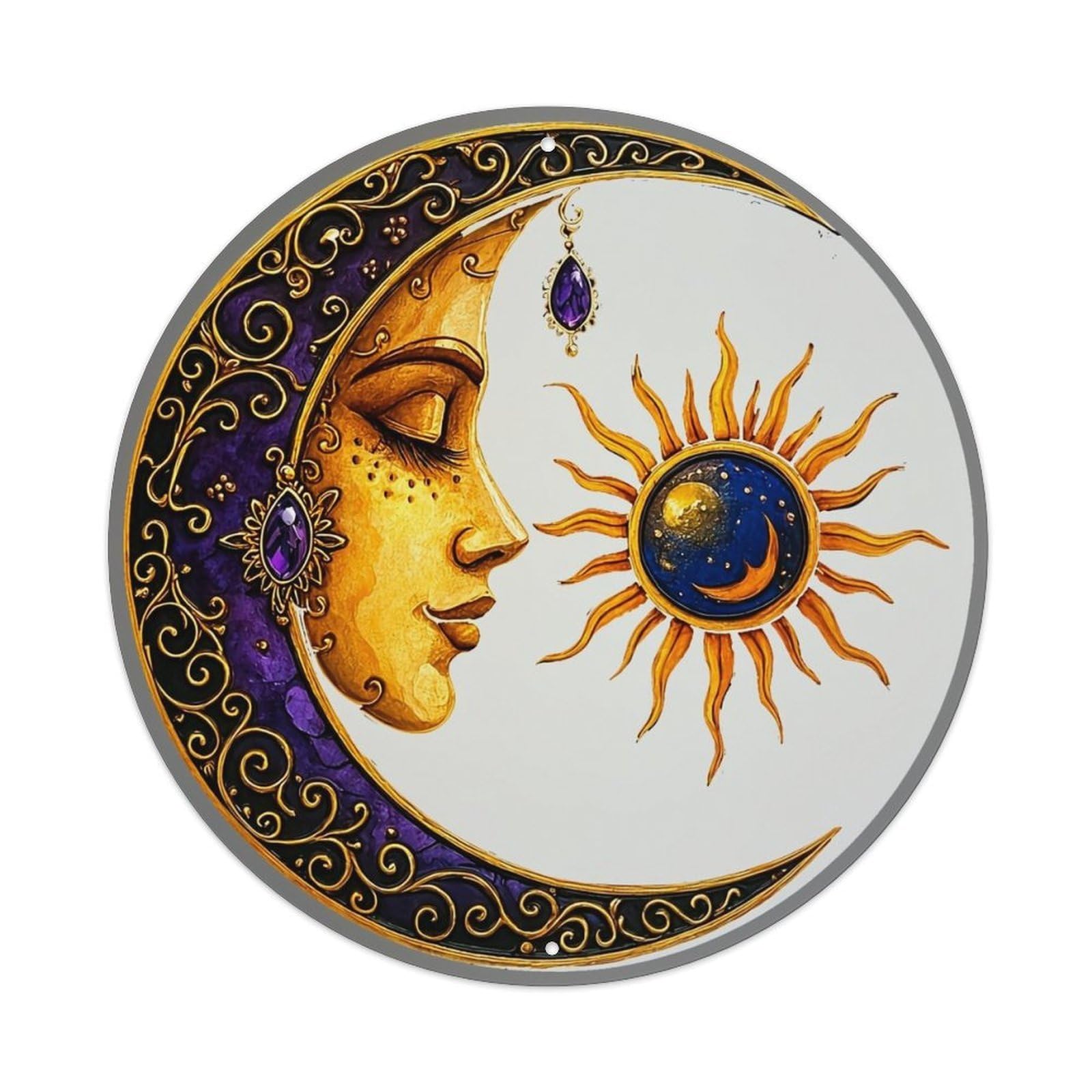 Moon Face Sun Symbol Art Retro Metal Sign Round Tin Sign, Vintage Decor Art Poster for Bar, Home, Man Cave, Kitchen, Laundry Room Gift 8x8Inch
