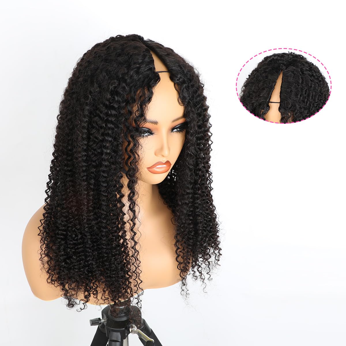 Domiso Afro Kinky Curly V Part Wig Human Hair Pre-Minimum Leave Out Upgraded V Part Wigs with Anti Slip Elastic Band and Removable Clips for Secure 20 Inch
