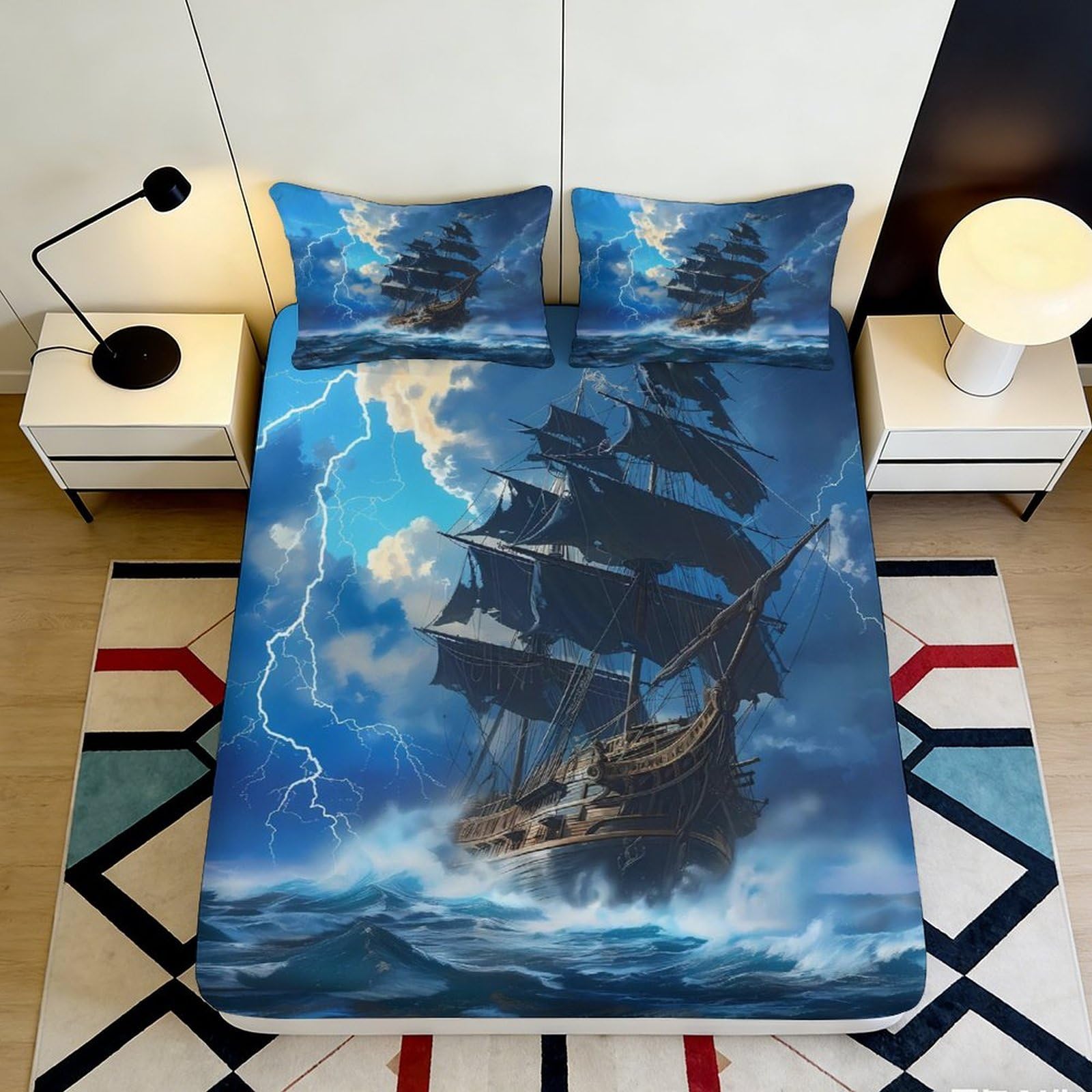 3D Printed Stormy Ocean Ship Fitted Sheet Microfiber Blue Nautical Lightning Bed Cover for Bedroom Guest Room Decor 200x200x25cm