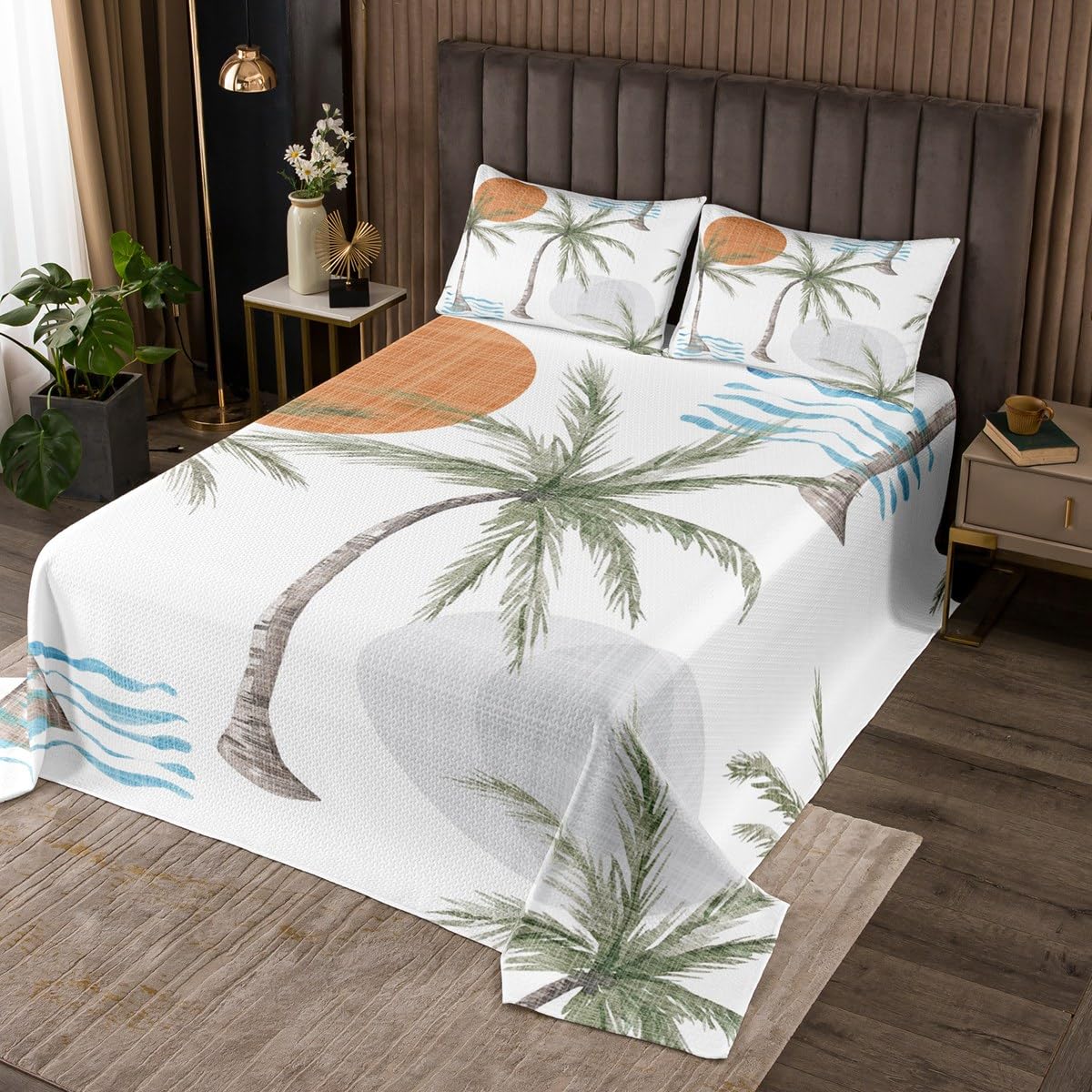 Coconut Tree Palm Leaves Coverlet Set Chic Orange Sunset Print Quilted Coverlet Watercolor Tropical Plant Comforter Set Bedspreads Quilt Set for Children Kids Coverlet Set,Twin Size 2 Pcs