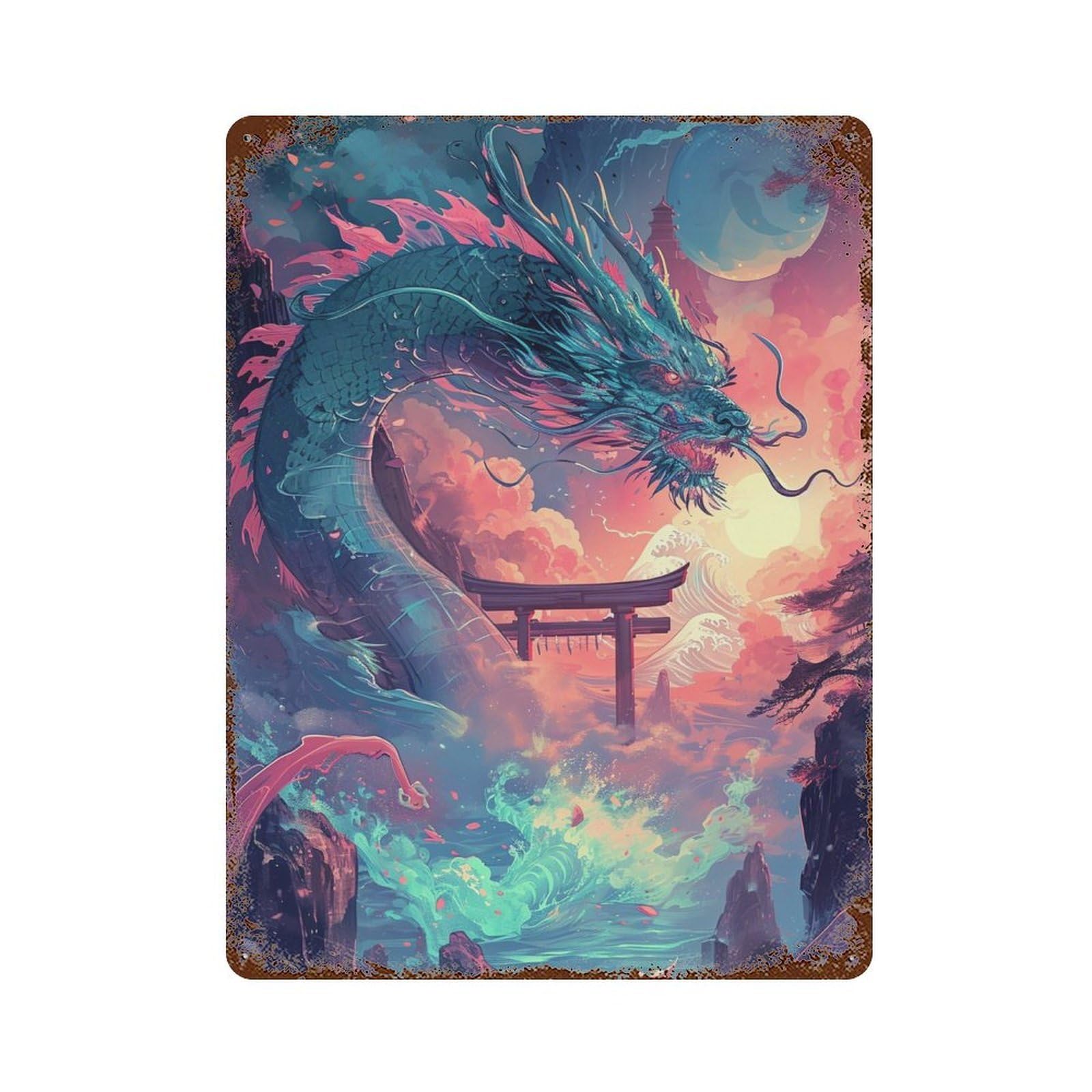 Dragon Fantasy Landscape 15.7"x11.8" Aged Metal Wall Plaque, Classic Wall Plaque for Pub, Kitchen And Man Cave Decor