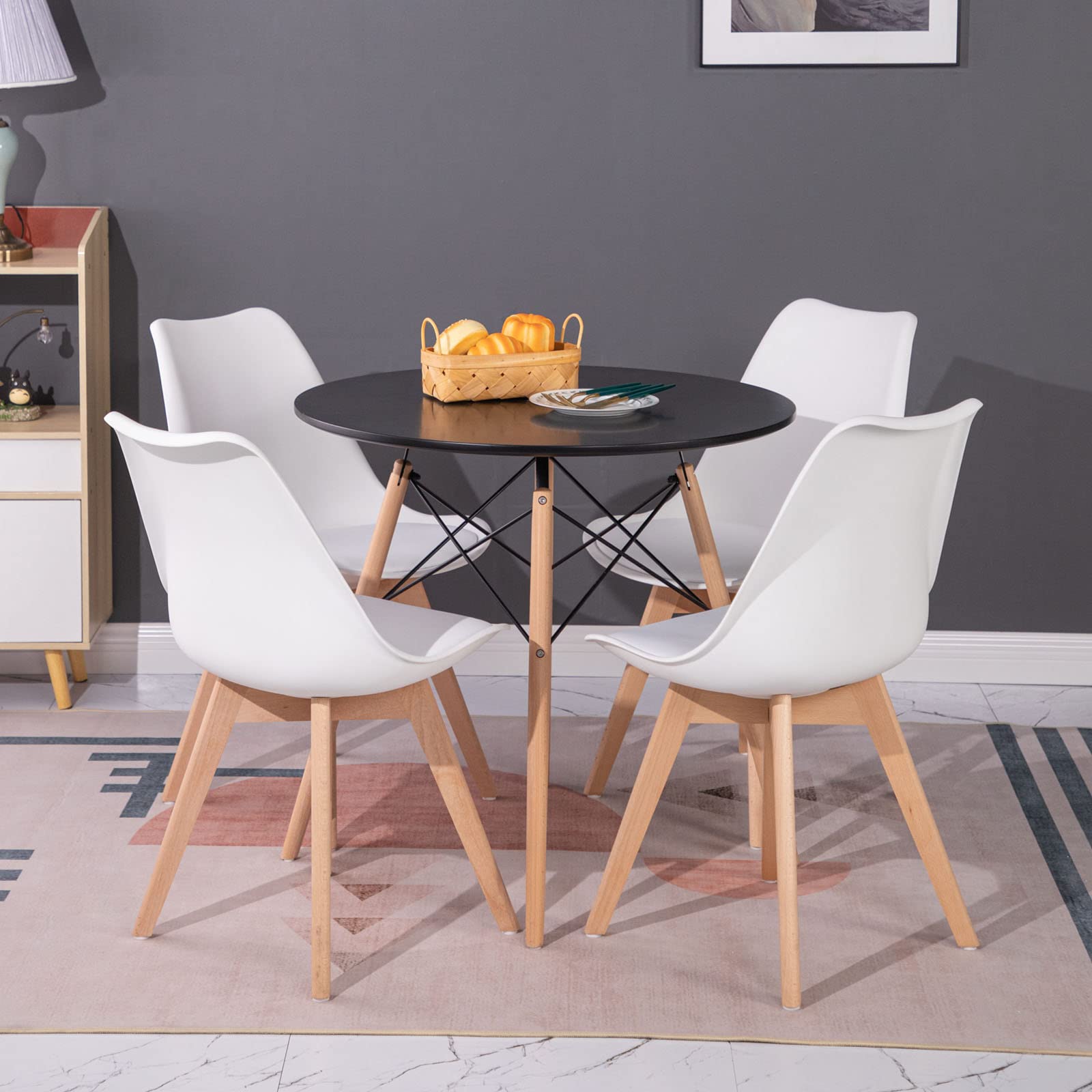 Ensemble de Salle à Manger Ronde avec 4 Chaises pour Salon, Cuisine, Bureau (Table Noire + Chaises Blanches)