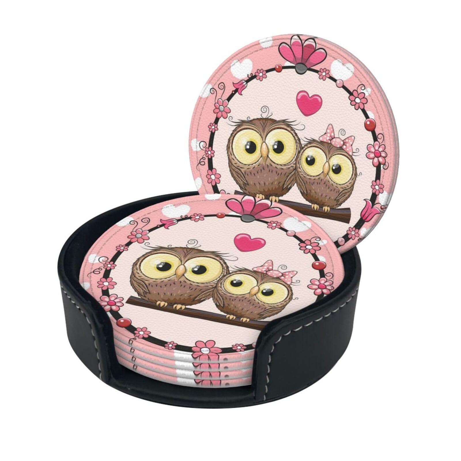 Wquvmds White Cute Owls Print Coasters For Drinks With Holder Set Of 6, Pu Leather Coasters Drink Coasters Cup Pad Mats