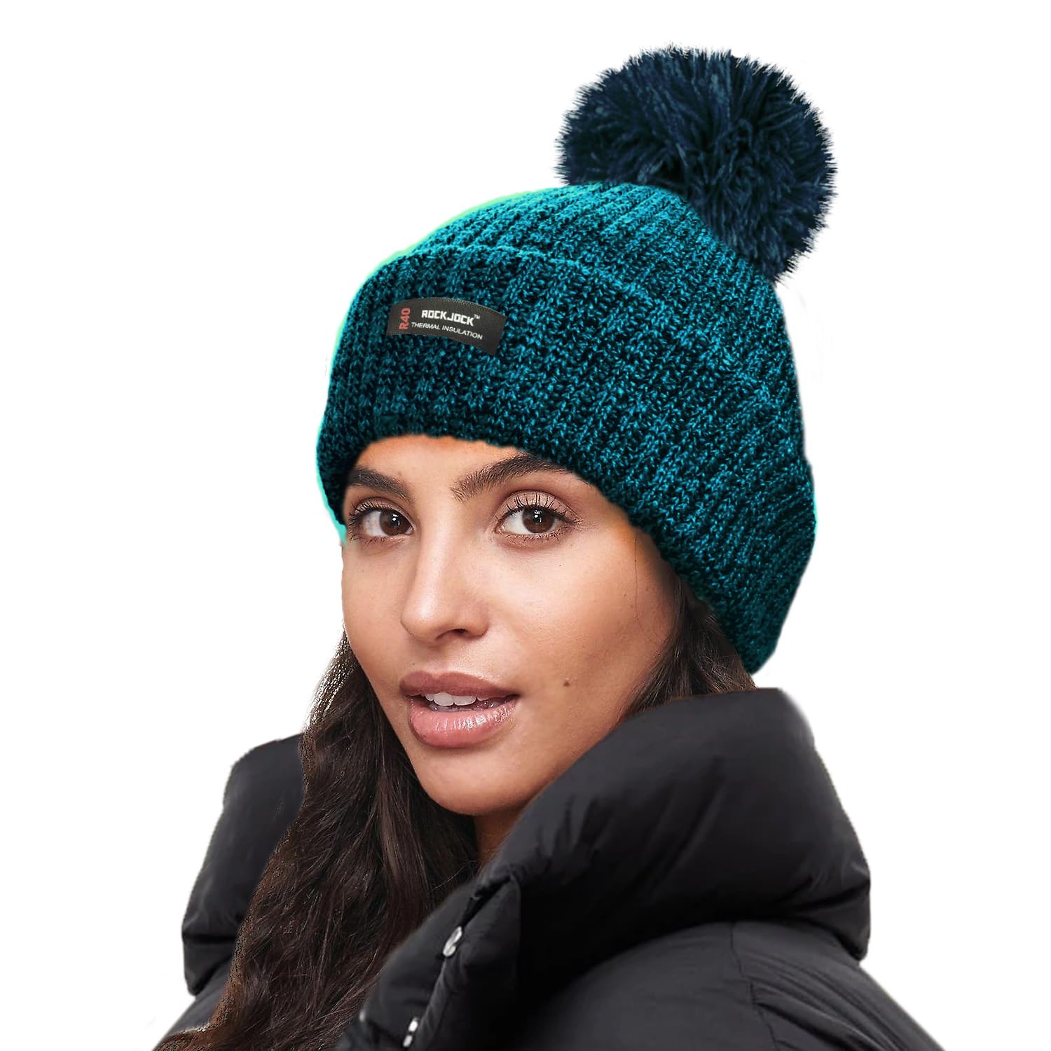 Rockjock Women's Teal Marl R40 Thermal Insulation Marl Melange Bobble Hat With Fleece Lining-Teal