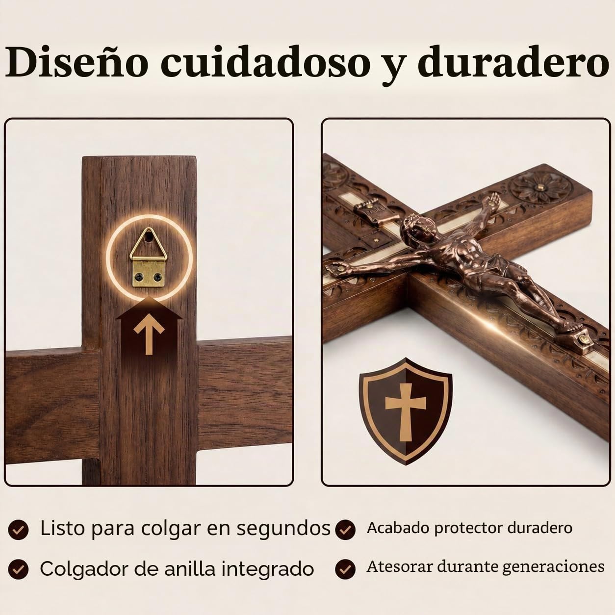 Woodvio - Cruz de pared de madera hecha a mano, acabado tallado a mano, crucifijo católico