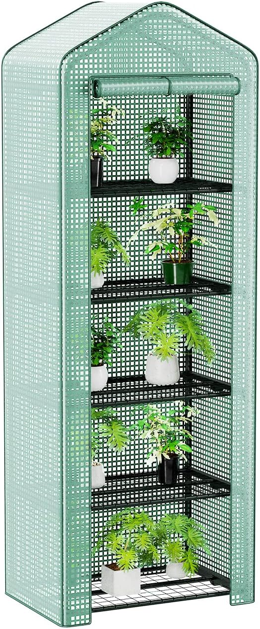 5 Tiers Mini Greenhouse, Waterproof Green Houses for Outdoor, Garden Patio Greenhouse for Plant Seeding with Portable Metal Shelves, Roll-Up Zipper and Heavy Duty PE Cover, (6.6x1.61x2.33 FT)