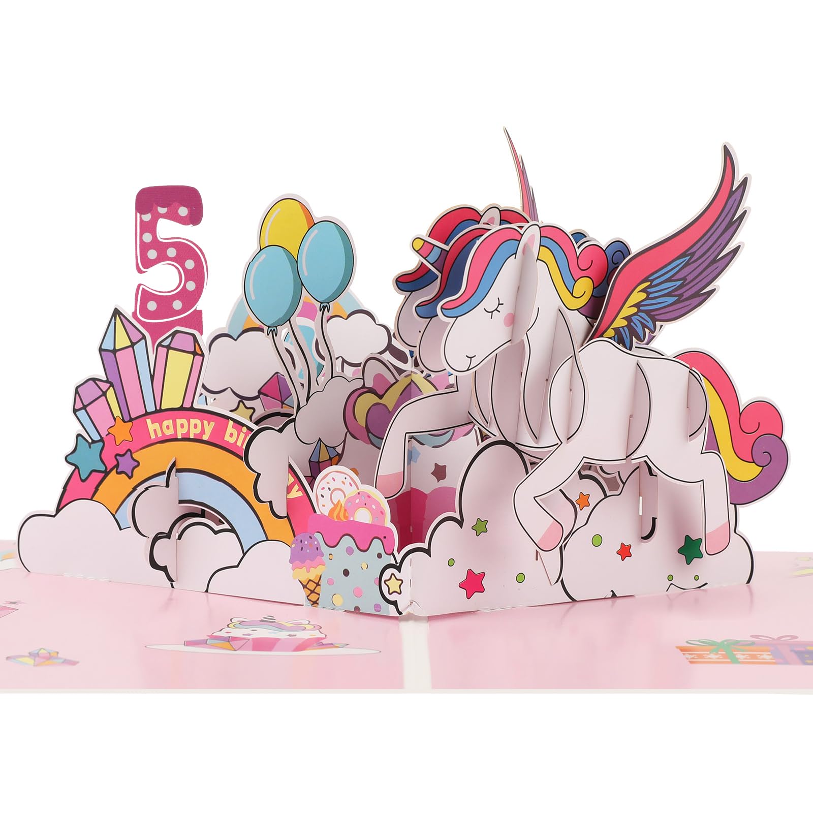 Pop up 5th Birthday Card for Girl, 3D Unicorn Birthday cards for 5-year-old daughter, granddaughter, niece, kids with Envelope & Notecard