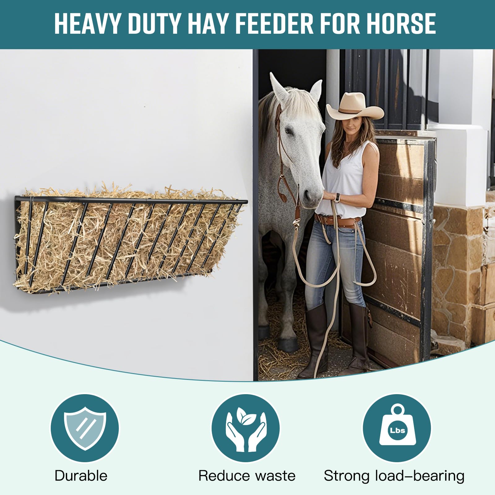 Comedero de heno para caballos, estante de heno de 35.5 pulgadas de largo con gran capacidad de 20 galones, estante de acero resistente montado en la pared para caballos, cabras, ovejas en