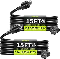 Seeklyze 16/3 15FT Black Extension Cord 2-Pack | Indoor 3-Prong Flexible ETL Listed 13A 1625W for Laptops Appliances