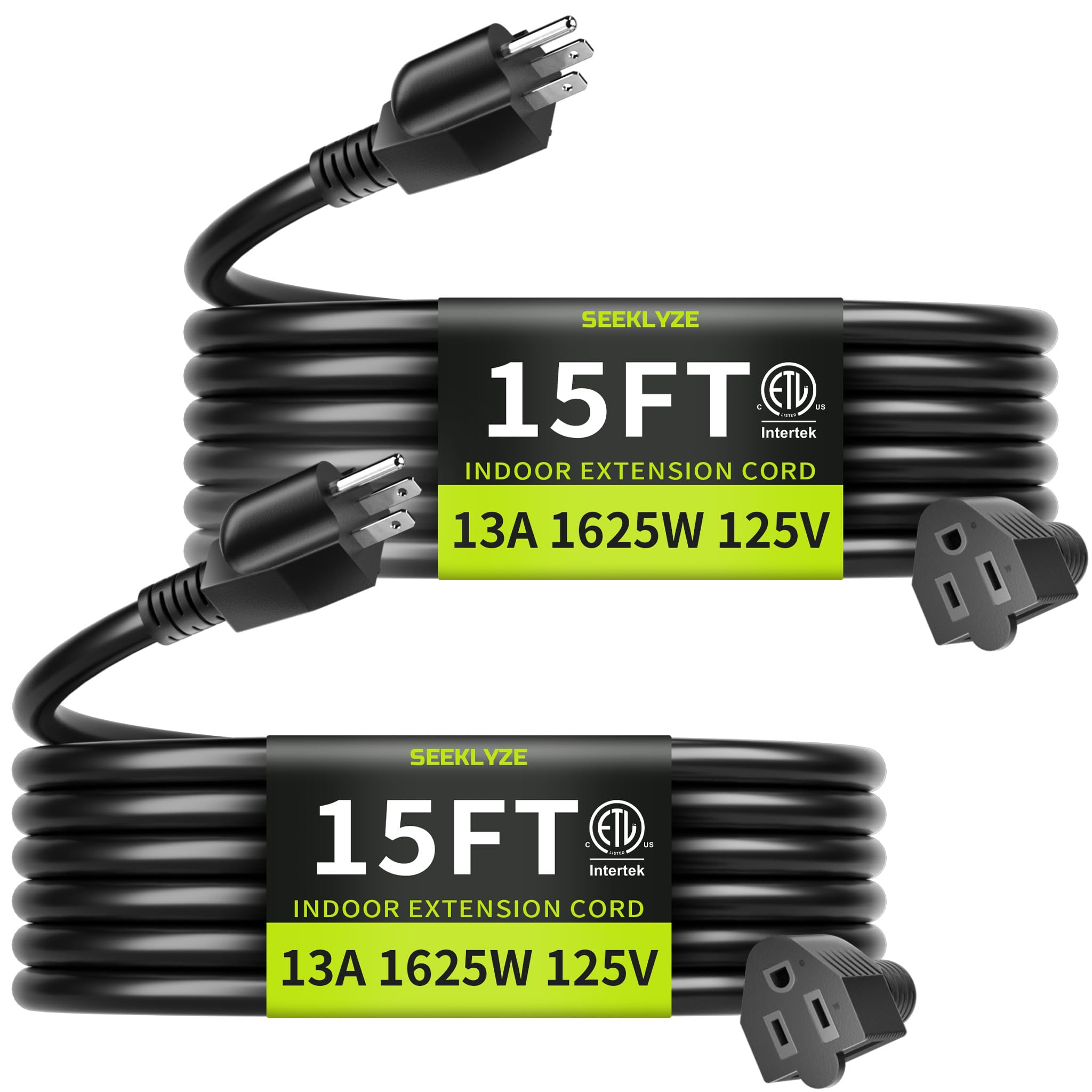 Photo 1 of 16/3 Black 15 FT (2Pack) Extension Cord, Indoor Extension Cord for Laptops, Coffee Makers, Office Home Appliances, 3 Prong Resistant Cable Flexible, 13A 125V 1625W ETL Listed